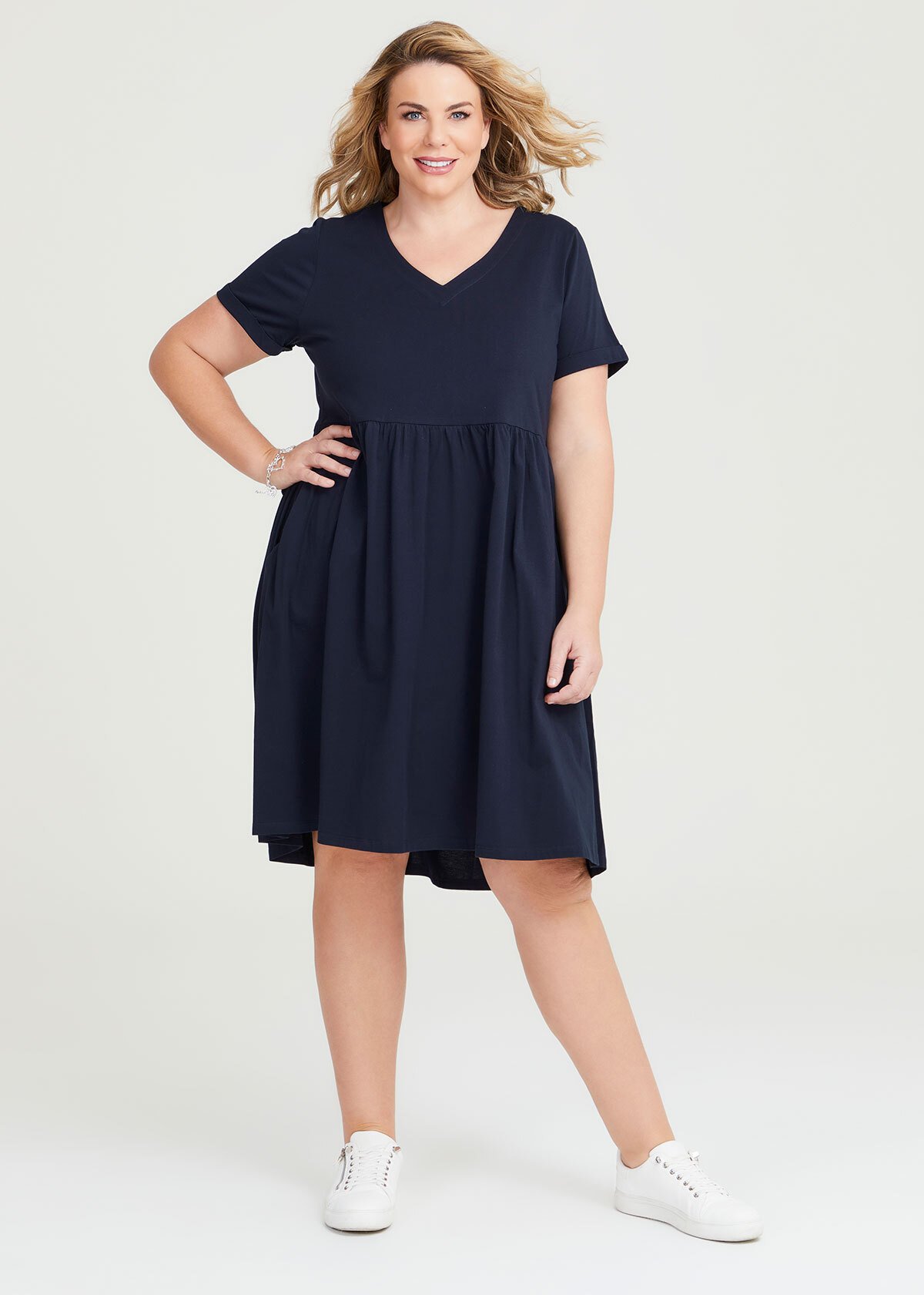 Shop Plus Size Cotton V-neck Cuff Dress in Blue | Taking Shape AU