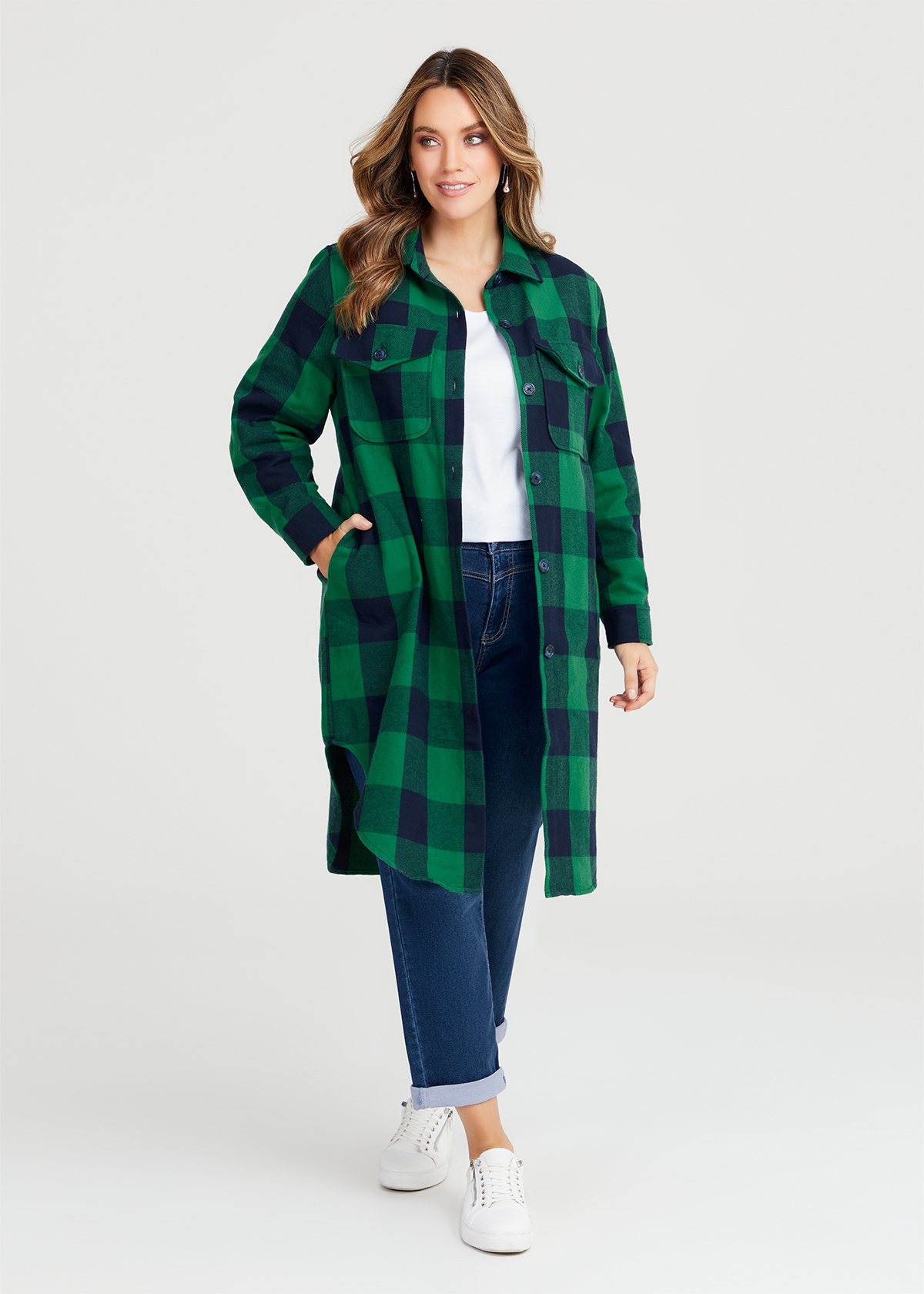 Shop Plus Size Long Line Check Shacket in Green | Taking Shape AU