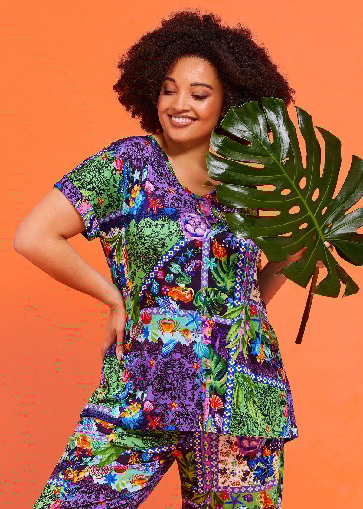 Shop Plus Size Bamboo Patchwork Pyjama Top in Multi Taking Shape AU