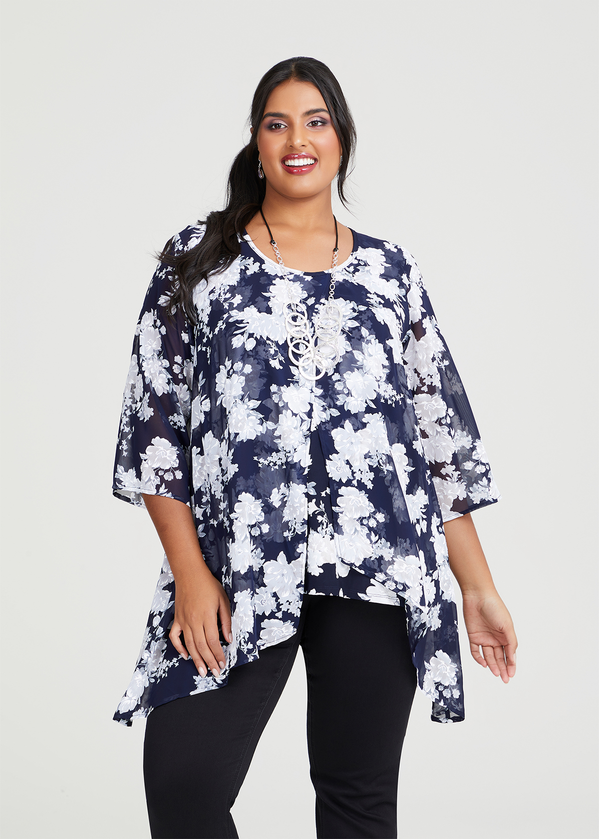 Shop Plus Size Chiffon Overlay Floral Tunic in Blue | Taking Shape AU