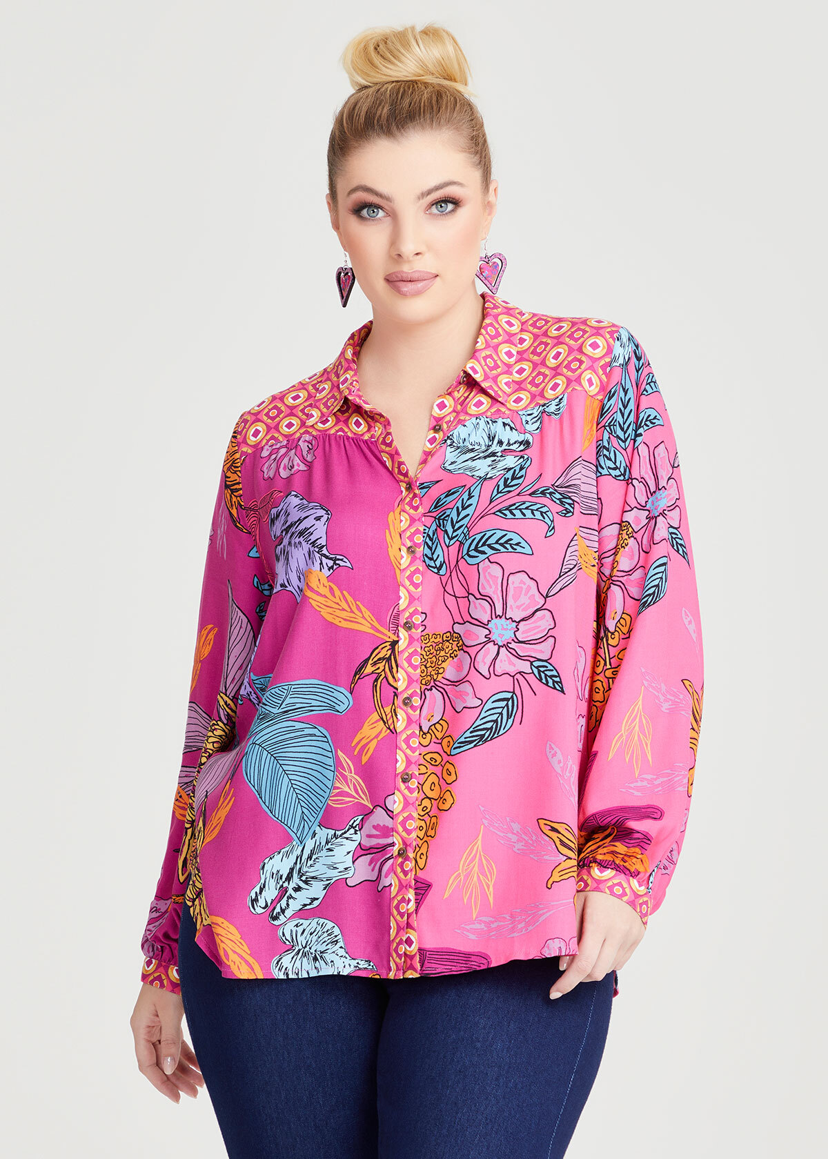 Shop Plus Size Natural Flower Mix Geo Shirt in Multi | Taking Shape AU