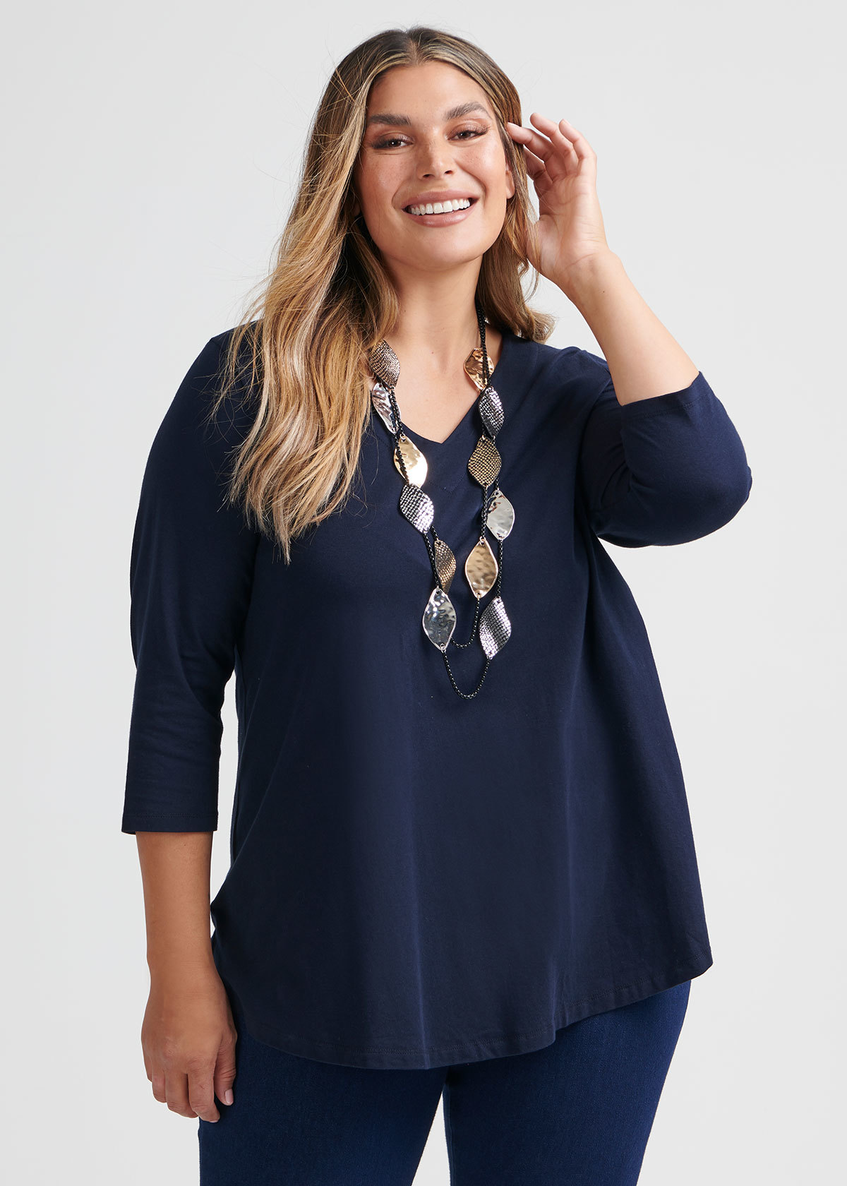 Shop Organic V-neck Swing Top in Navy in sizes 12 to 24 | Taking Shape