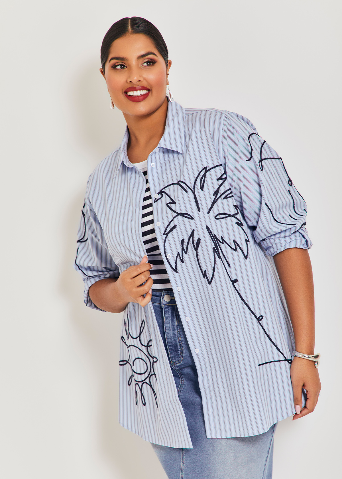 Women's Plus Size Casual Shirt Blue Stripe Cotton main image 1