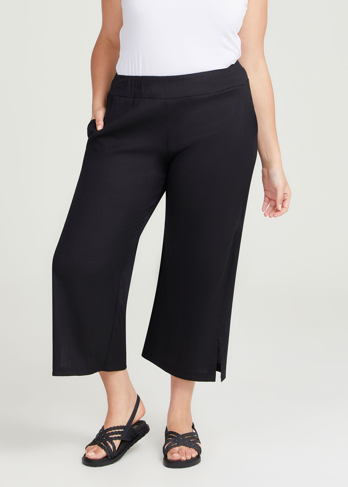 Shop Plus Size Stretch Linen Foundation Crop Pant in Black | Sizes 12 ...