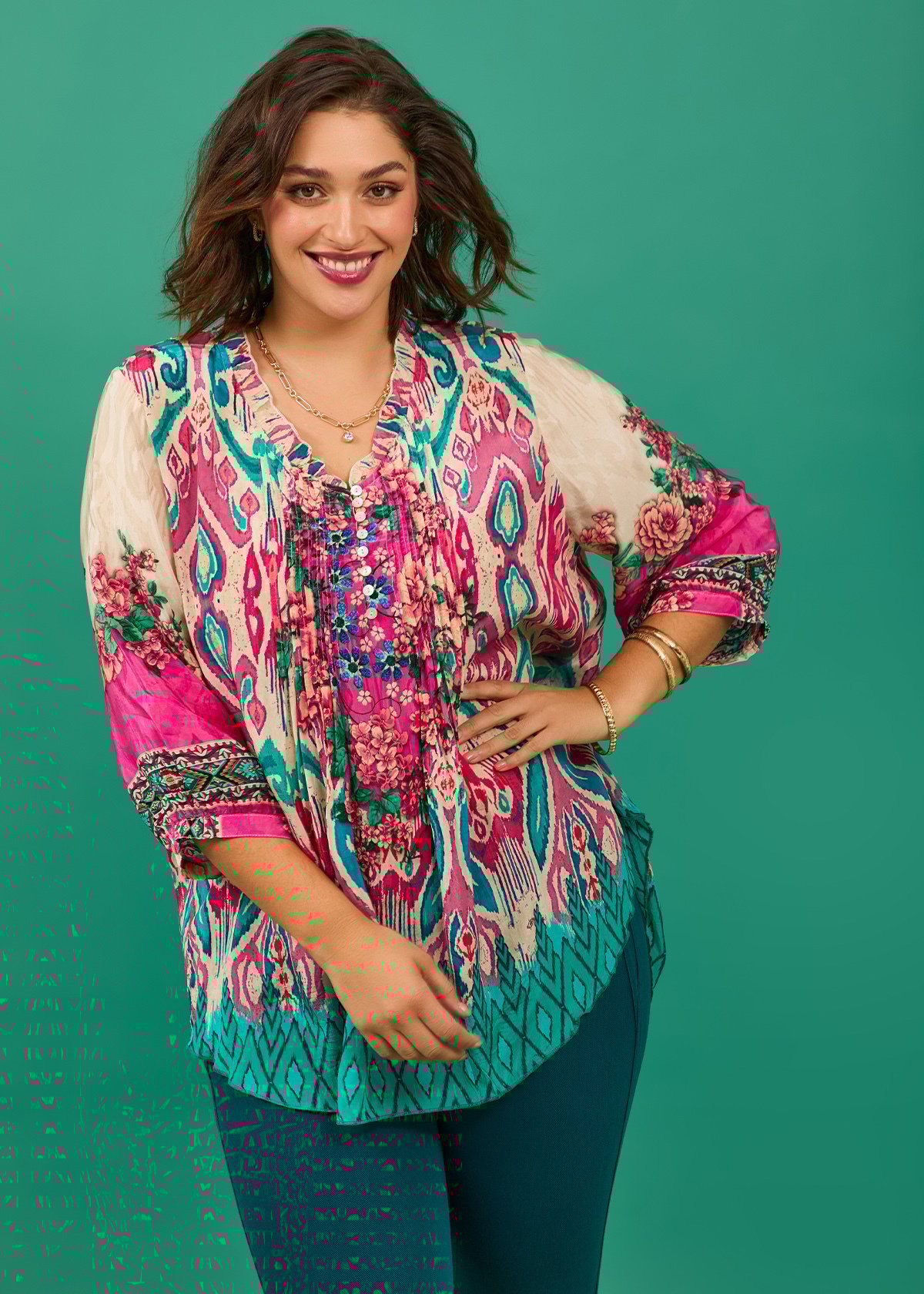 Natural Floral Aztec Pintuck Top
