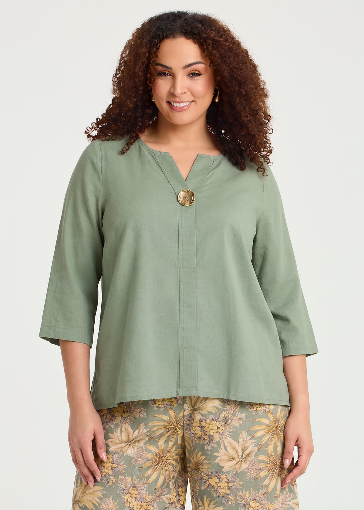 Taking Shape Cotton Linen Button Detail Top Size 14 in Light Khaki - Plus Size Women's Tops & T Shirts