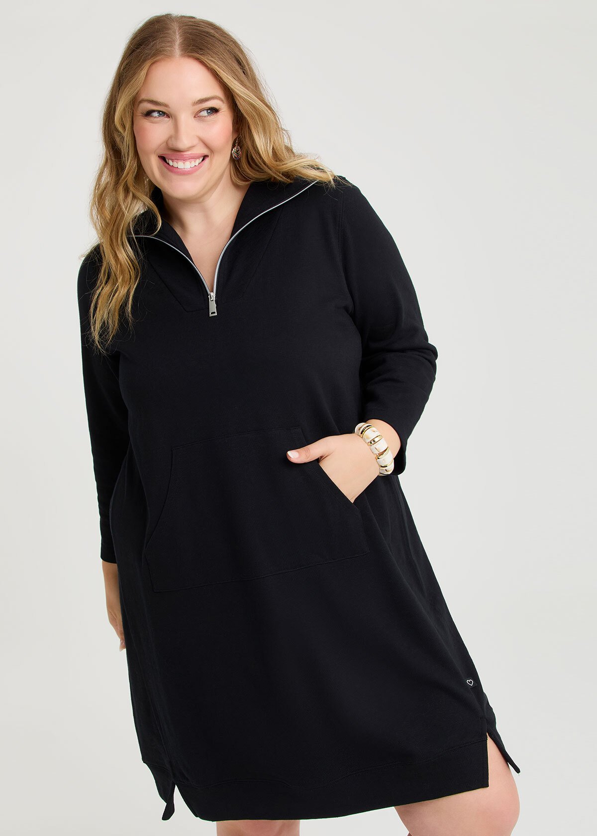 Shop Plus Size Zip Collar Long Sleeve Sweat Dress, Black | Taking