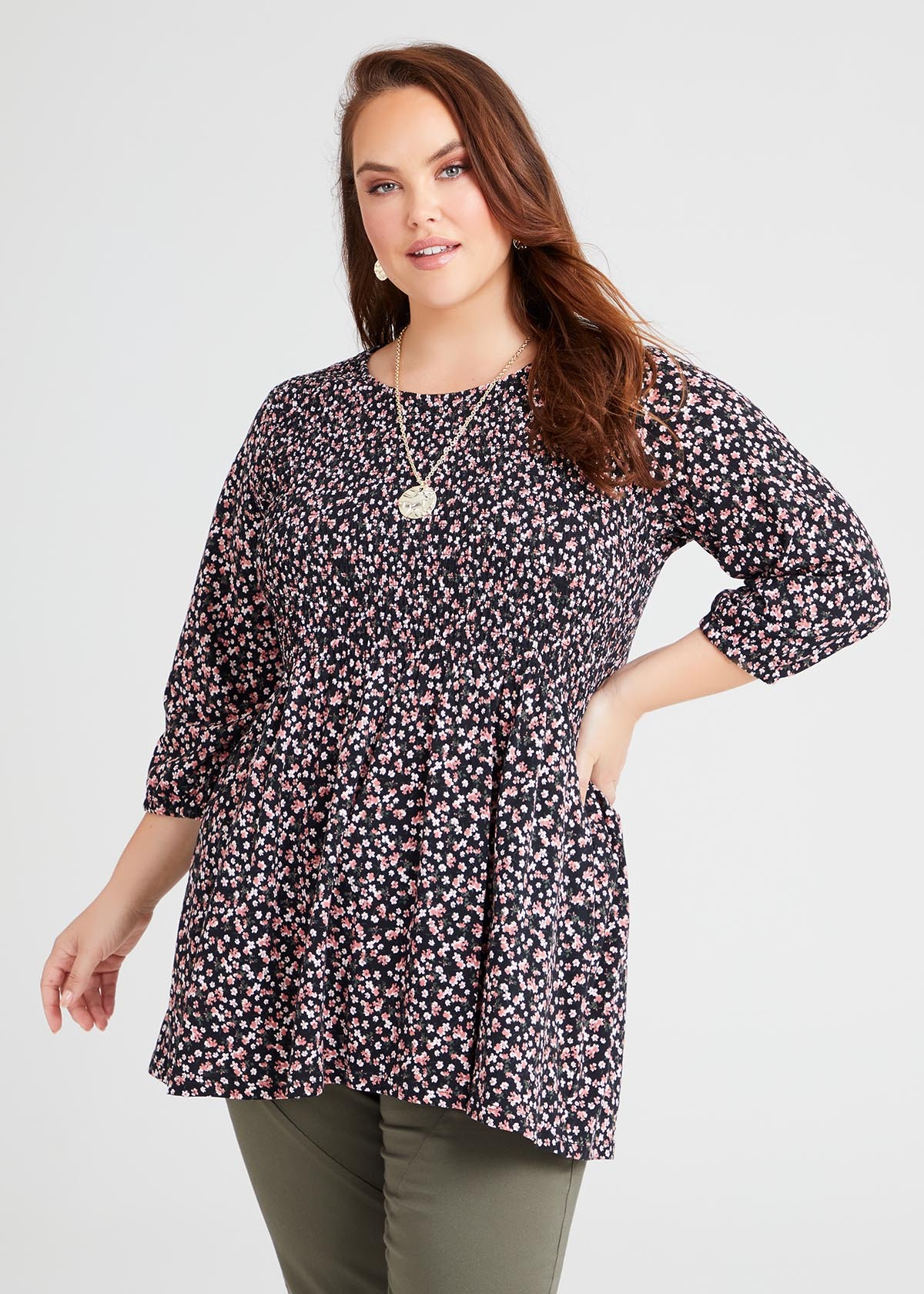 Shop Plus Size Organic Ditsy 3/4 Sleeve Tunic in Print | Taking Shape AU