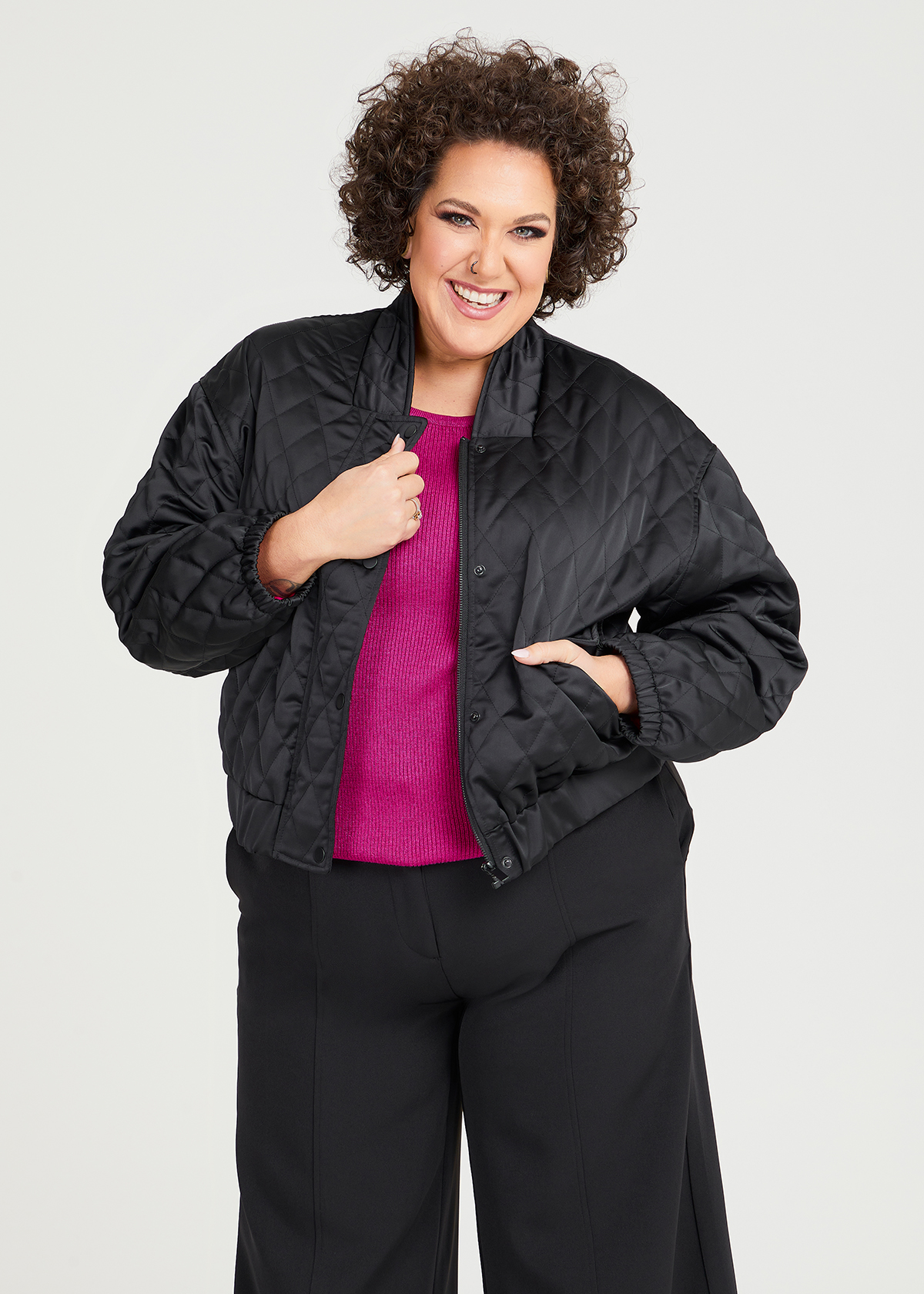 Shop Plus Size Satin Quilted Bomber Jacket in Black | Taking Shape AU