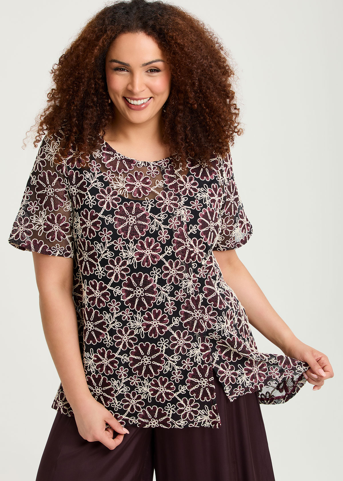 Taking Shape Faye Embroidered Mesh Tunic Size 24 in Chocolate / Ivory, Cotton - Plus Size Women's Tops & T Shirts