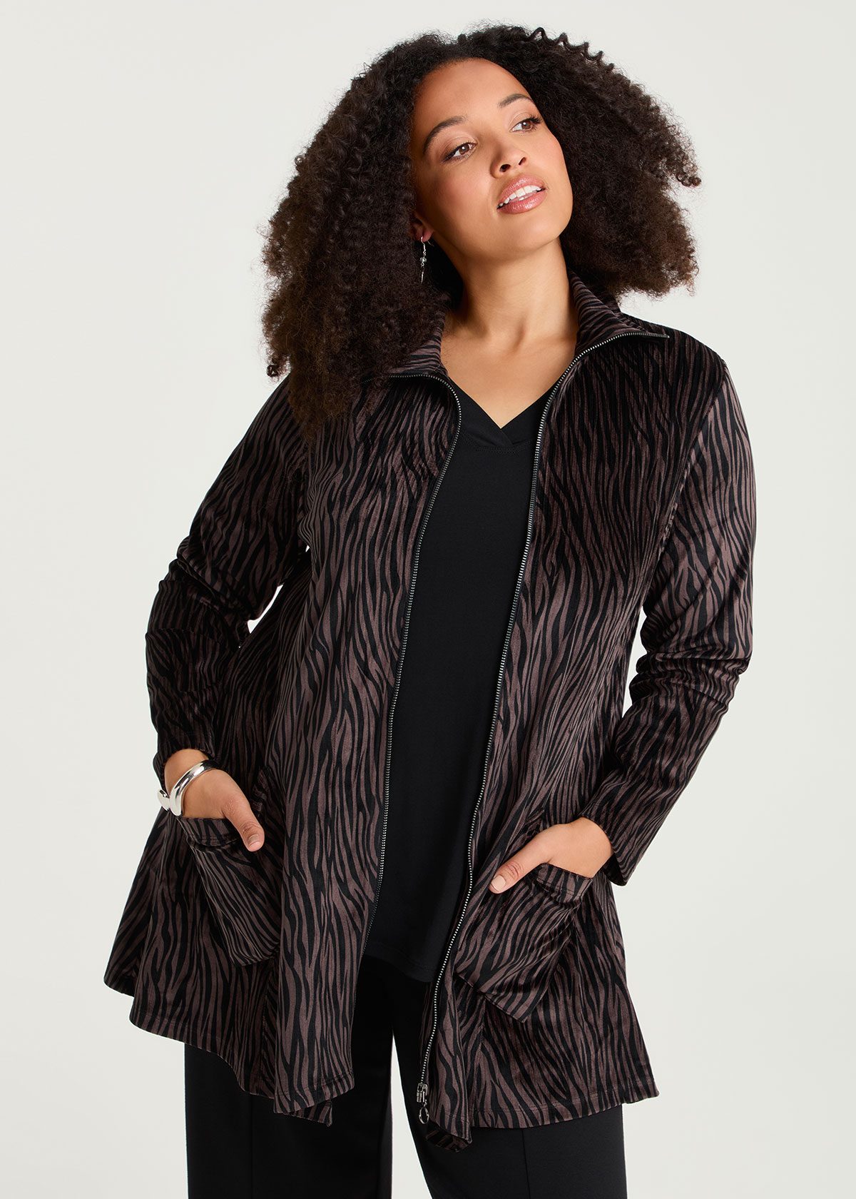 Taking Shape Zip Velour Knit Jacket Size 24 in Chocolate Print - Plus Size Women's Coats & Jackets
