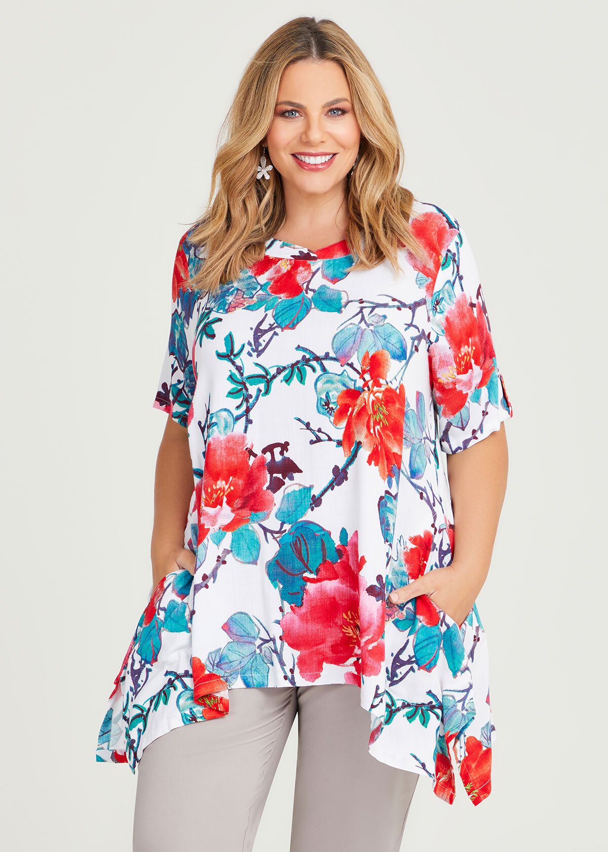 Shop Plus Size Floral Natural Tunic in Red | Taking Shape AU
