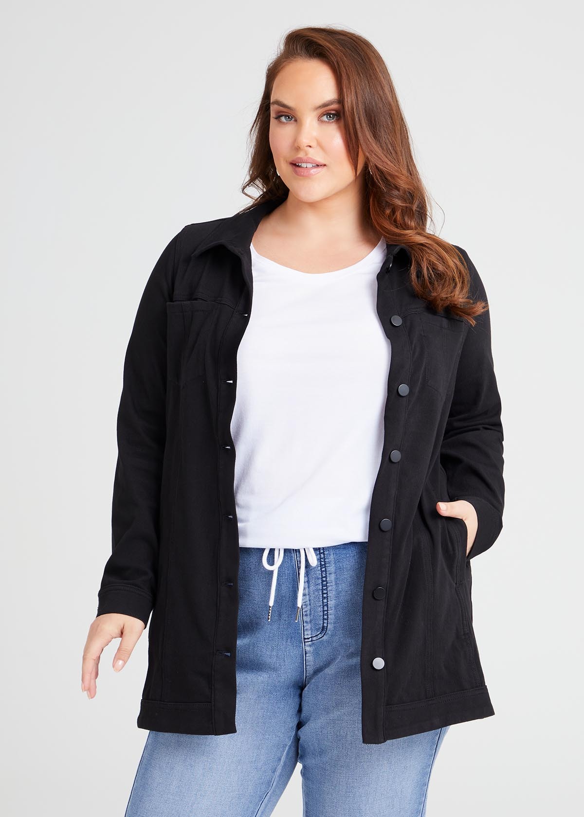 Shop Plus Size Best Friend Long Denim Jacket in Black | Taking Shape AU