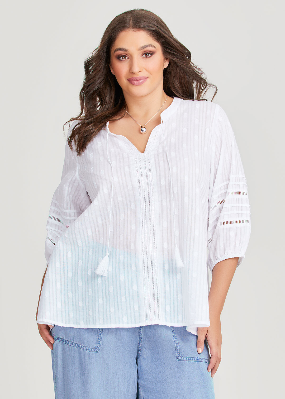 Shop Plus Size Cotton Dobby Lace Detail Blouse in White | Taking