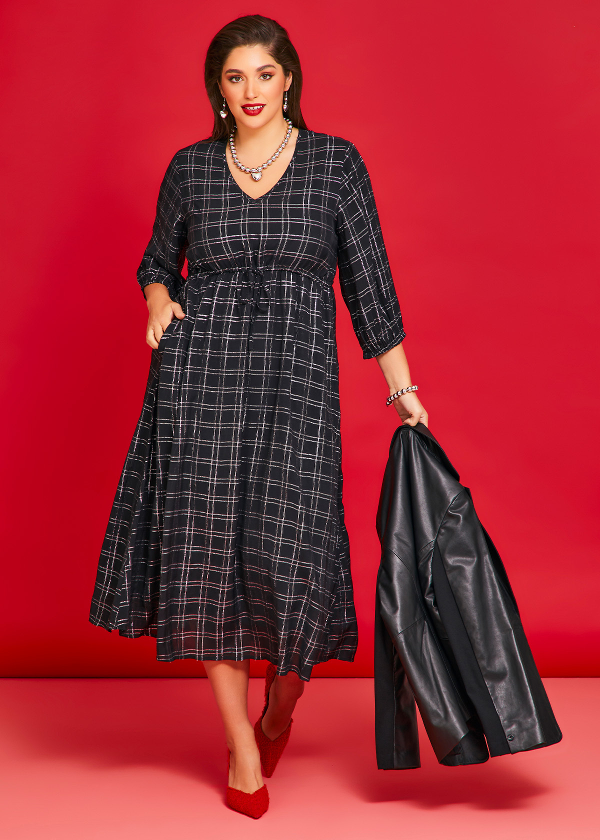 Shop Plus Size Natural Metallic Check Dress, Multi Taking Shape AU