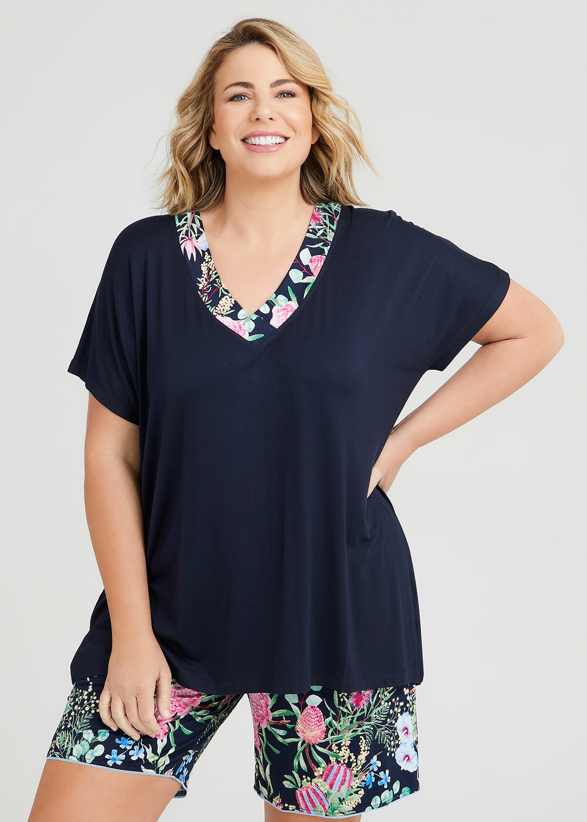 Shop Plus Size Bamboo Native Floral Pyjama Top in Blue | Sizes 12-30 ...