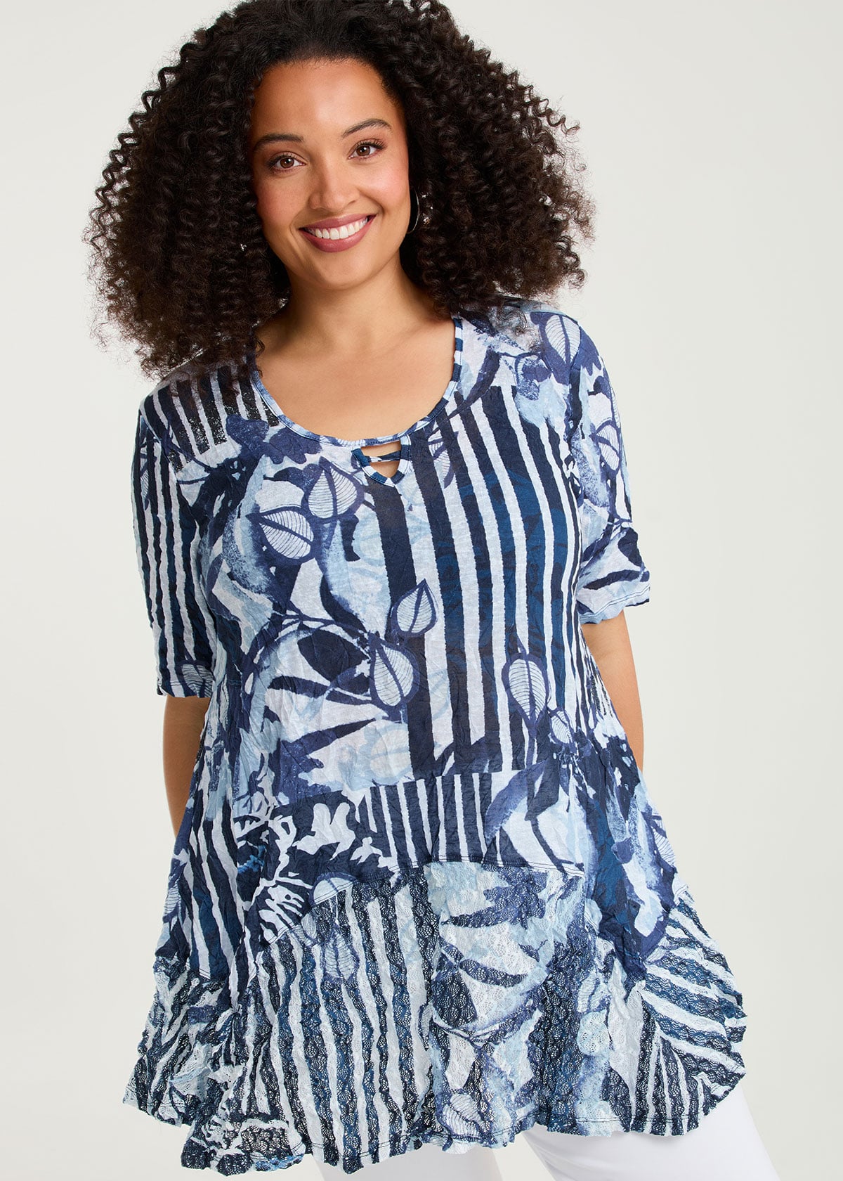 Taking Shape Mesh Trim Slub Knit Crush Tunic Size 22 in Dark Indigo Print - Plus Size Women's Tops & T Shirts