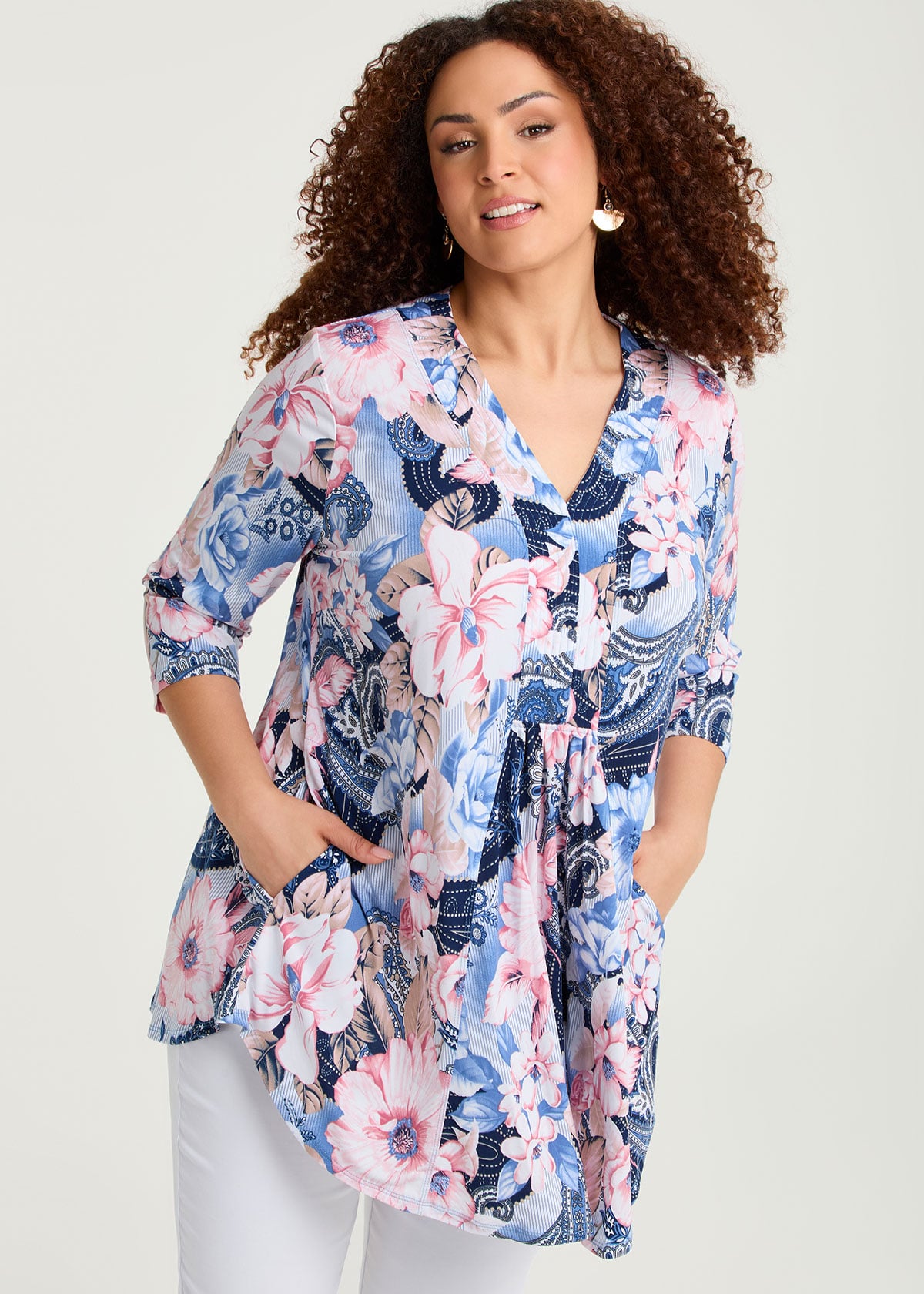 Taking Shape Sofia V-neck Tunic Size 24 in Blue / Pink - Plus Size Women's Tops & T Shirts