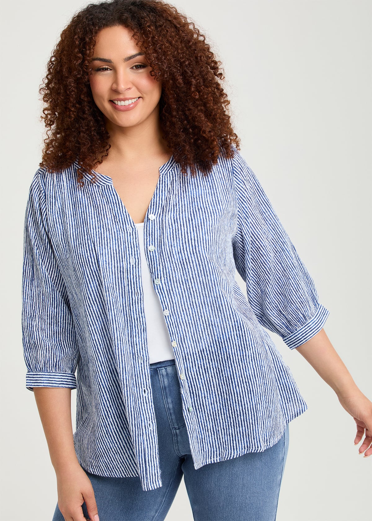 Taking Shape Cotton Stripe Button Top Size 26 in INK Blue - Plus Size Women's Tops & T Shirts