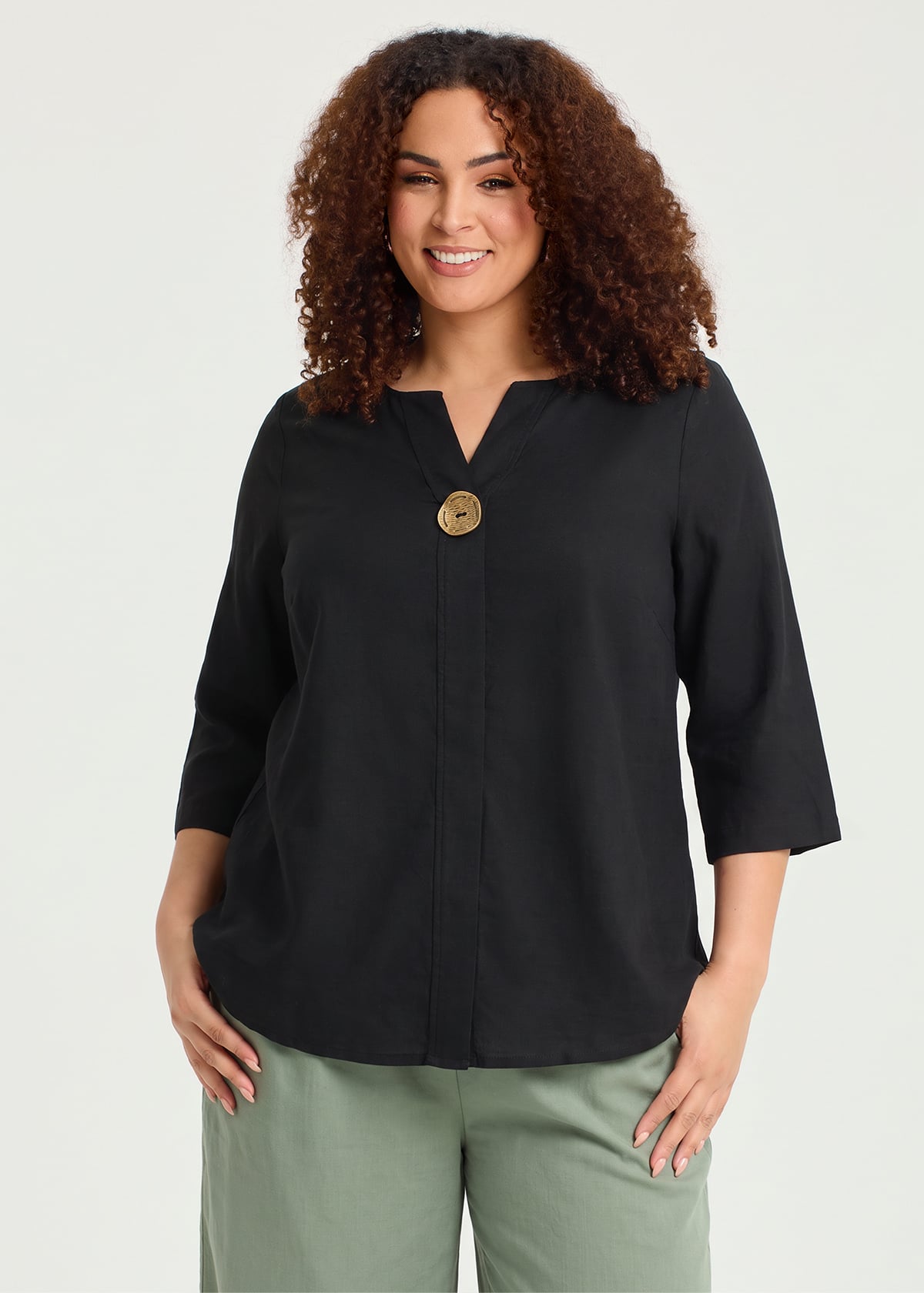 Taking Shape Cotton Linen Button Detail Top Size 10 in Black - Plus Size Women's Tops & T Shirts