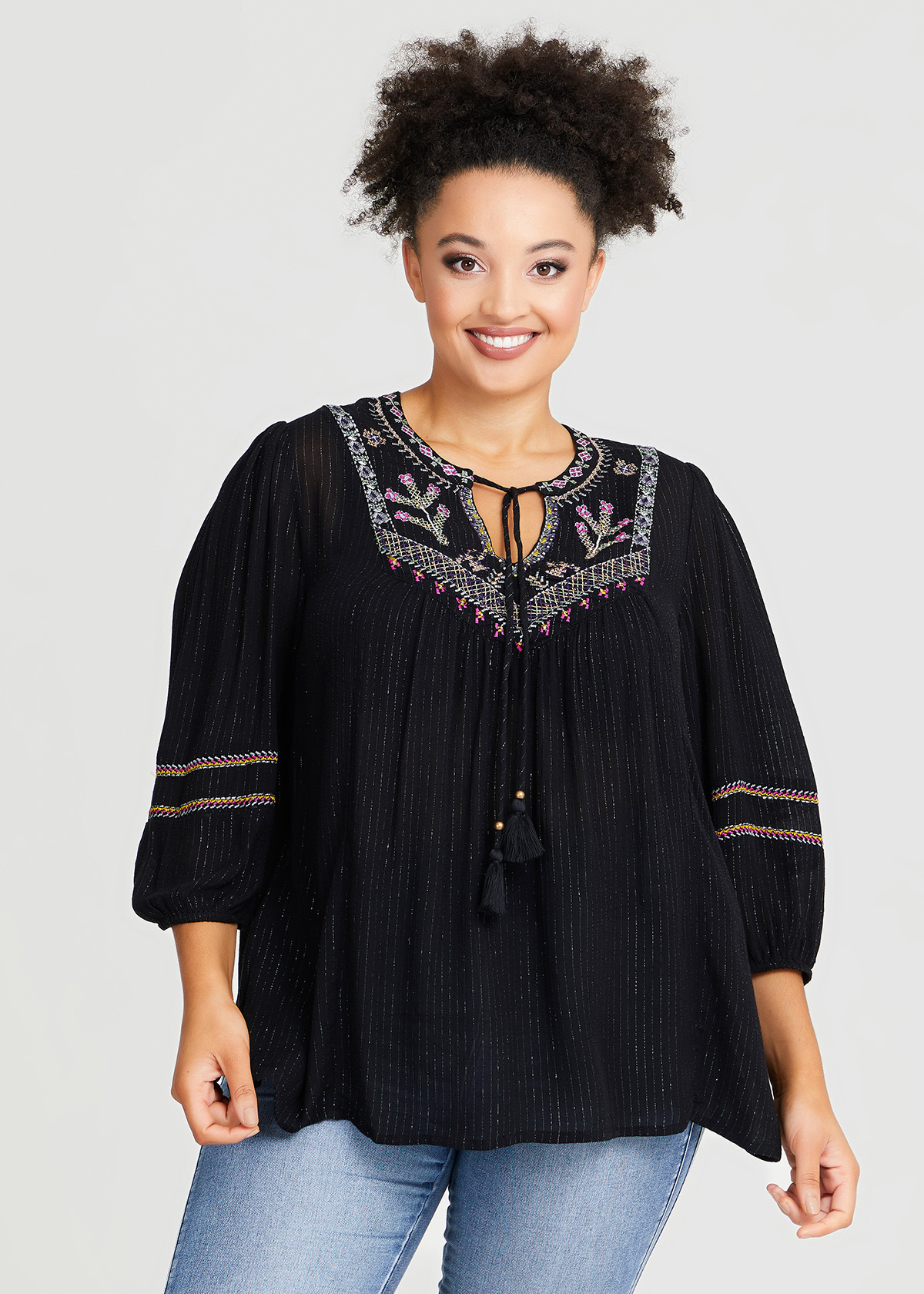 Shop Plus Size Lurex Jacquard Embroidery Top in Black Sizes 1230