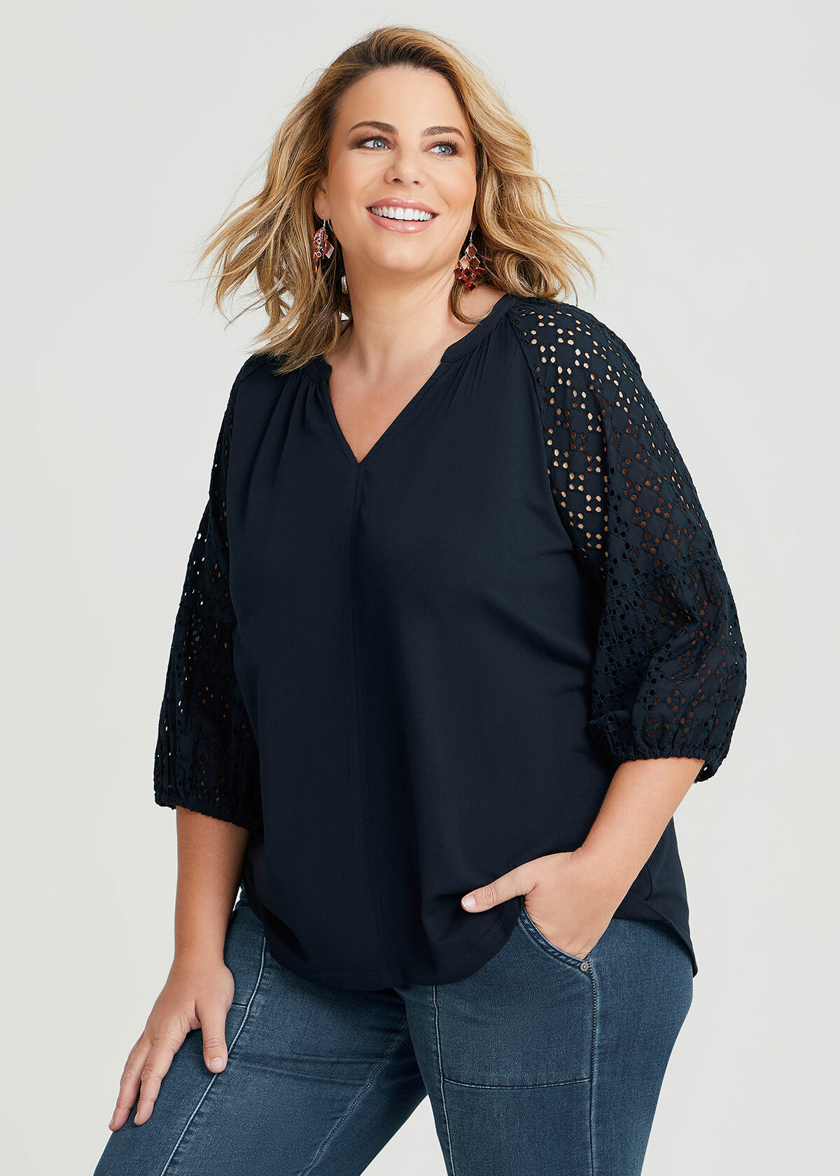 Shop Plus Size Cotton Broderie Notch Top in Blue | Taking Shape AU