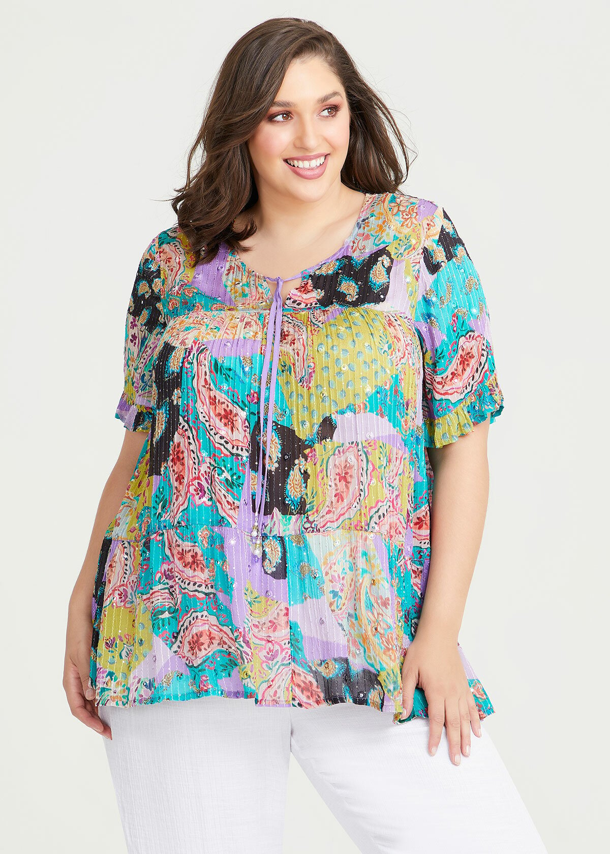 Shop Plus Size Sparkle Tiered Natural Top in Multi | Sizes 12-30 ...