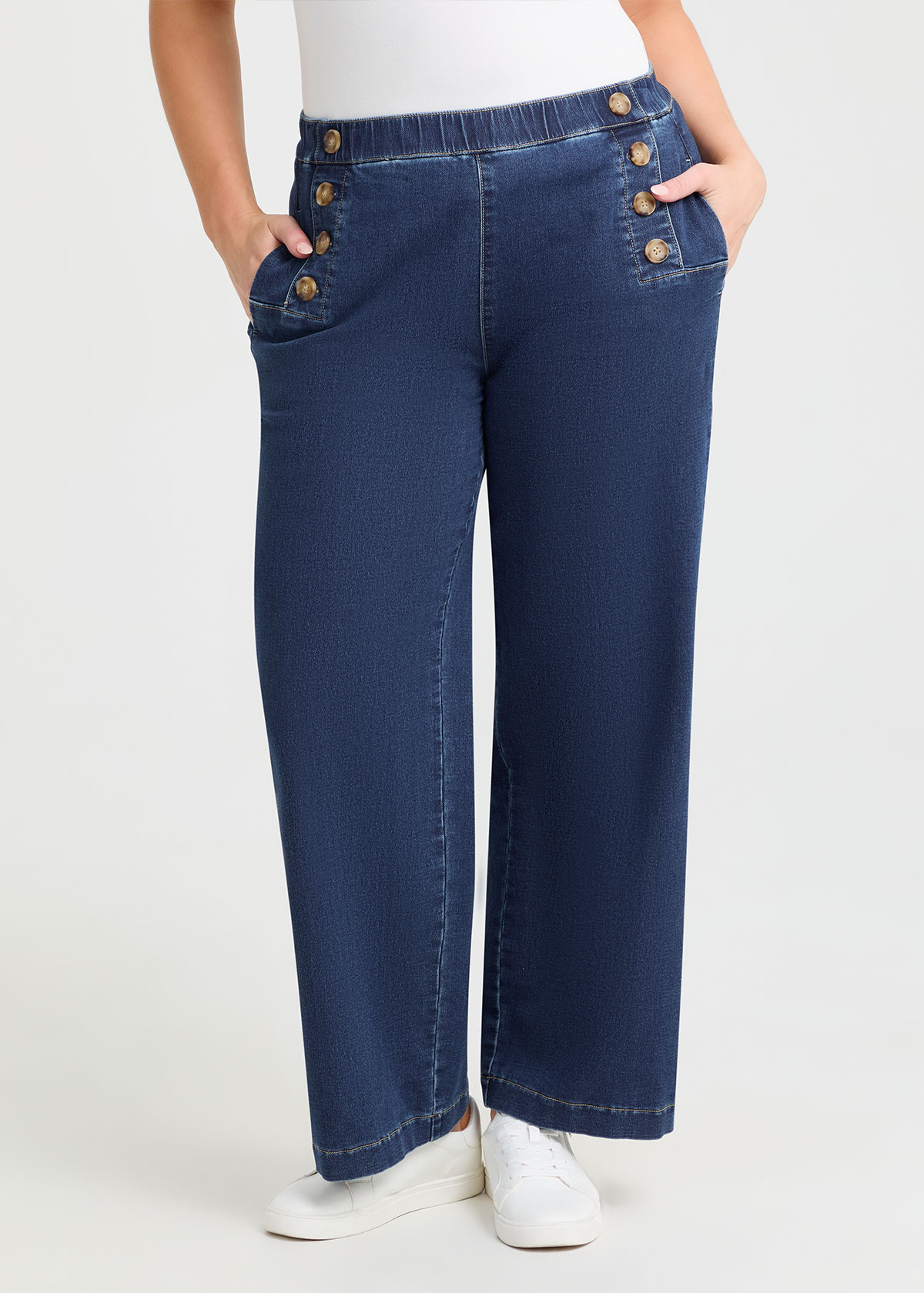 Cotton Mix Button Wide Leg Jean