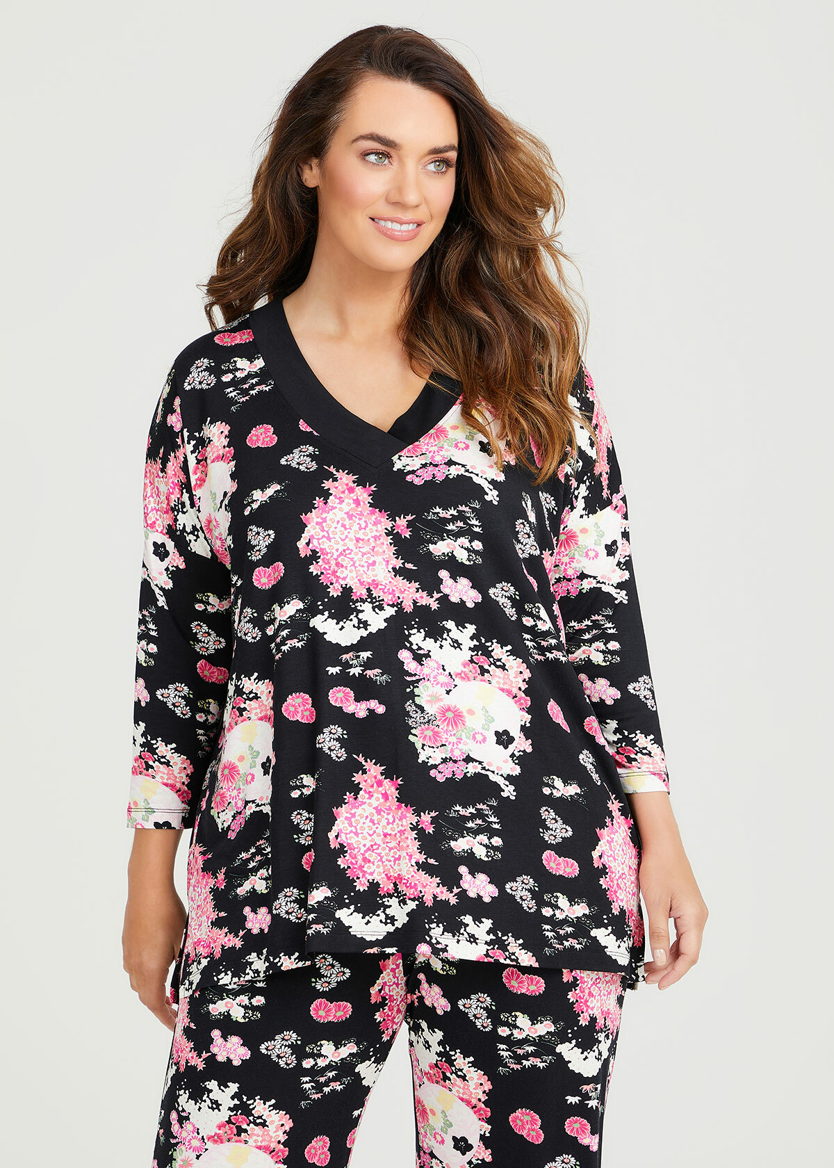 Shop Plus Size Bamboo Oriental V-neck Pyjama Top in Multi | Taking Shape AU