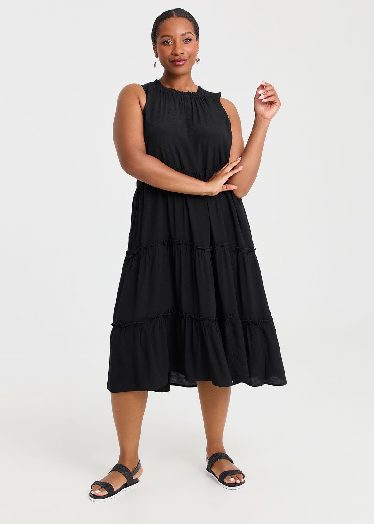 Shop Plus Size Natural Frill Tiered Dress, Black | Taking Shape NZ