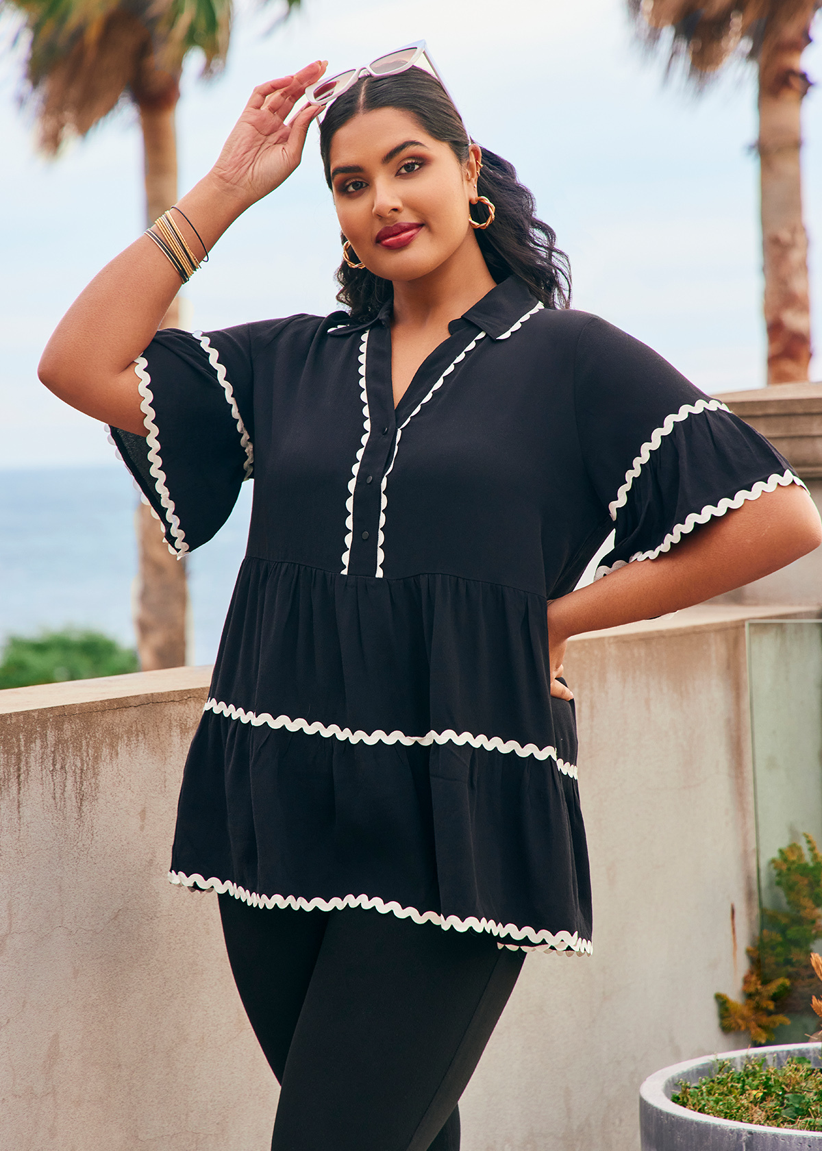 Shop Plus Size Natural Ric Rac Trim Top, Black | Taking Shape NZ