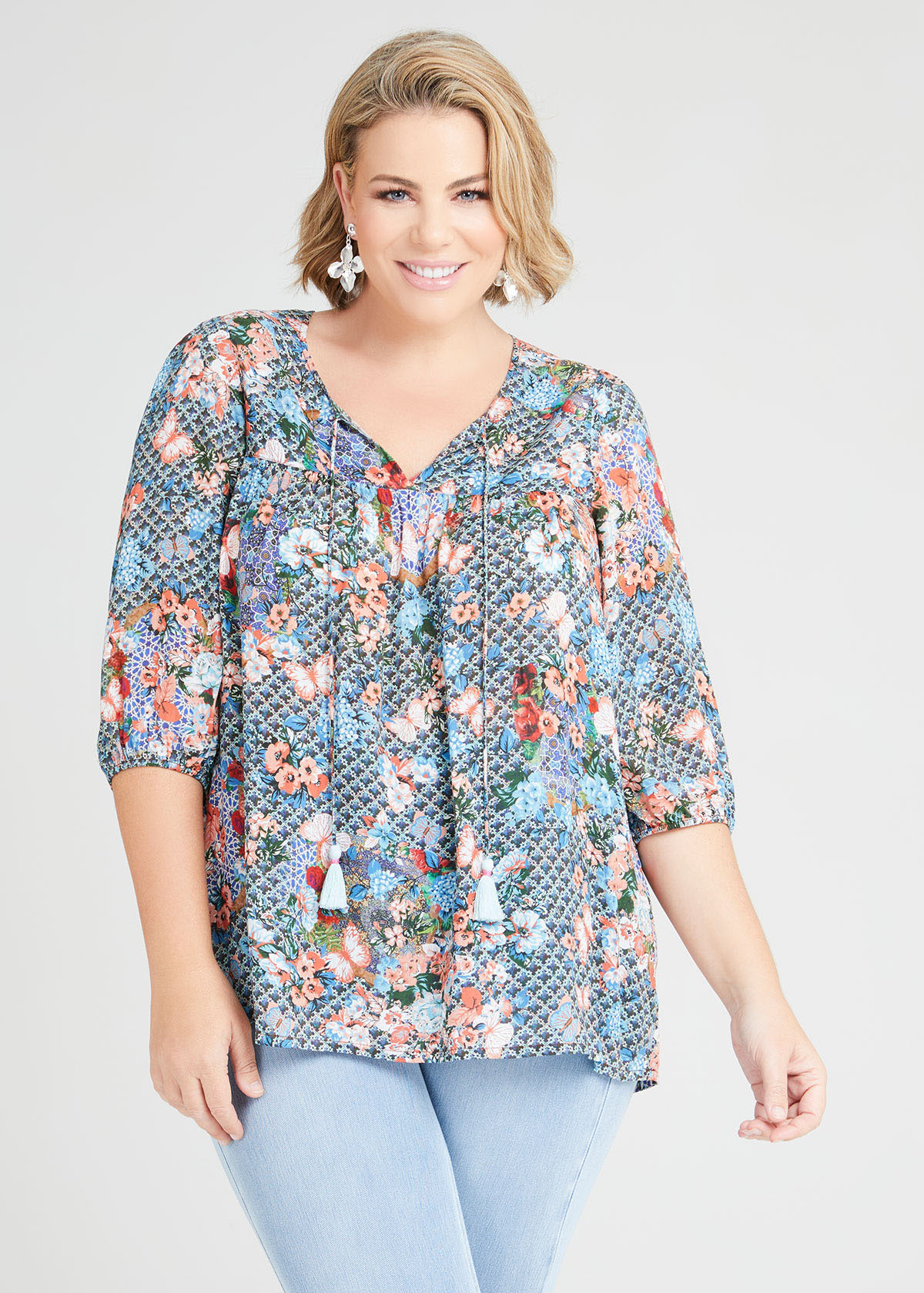 Shop Plus Size Natural Print Tie Neck Top in Print | Taking Shape AU