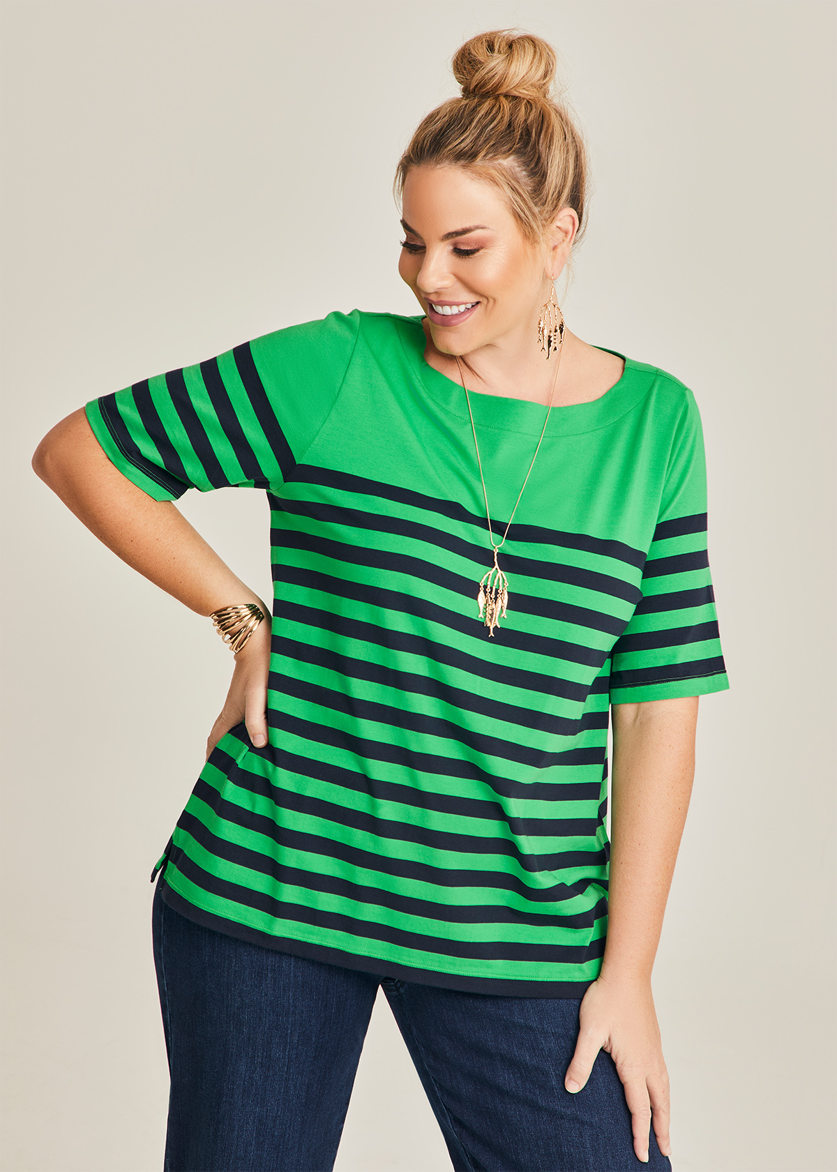 Shop Plus Size Cotton Breton Stripe T-shirt, Green | Taking