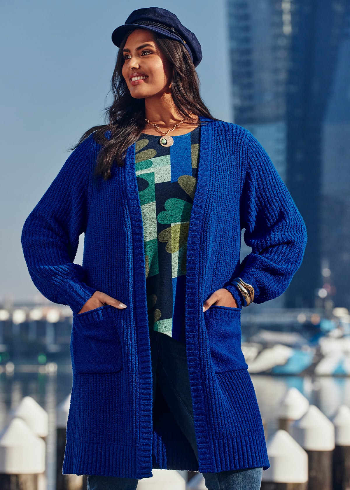 Taking Shape Cotton Blend Pocket Rib Cardigan Size 14 in Blue - Plus Size Women's Cardigans