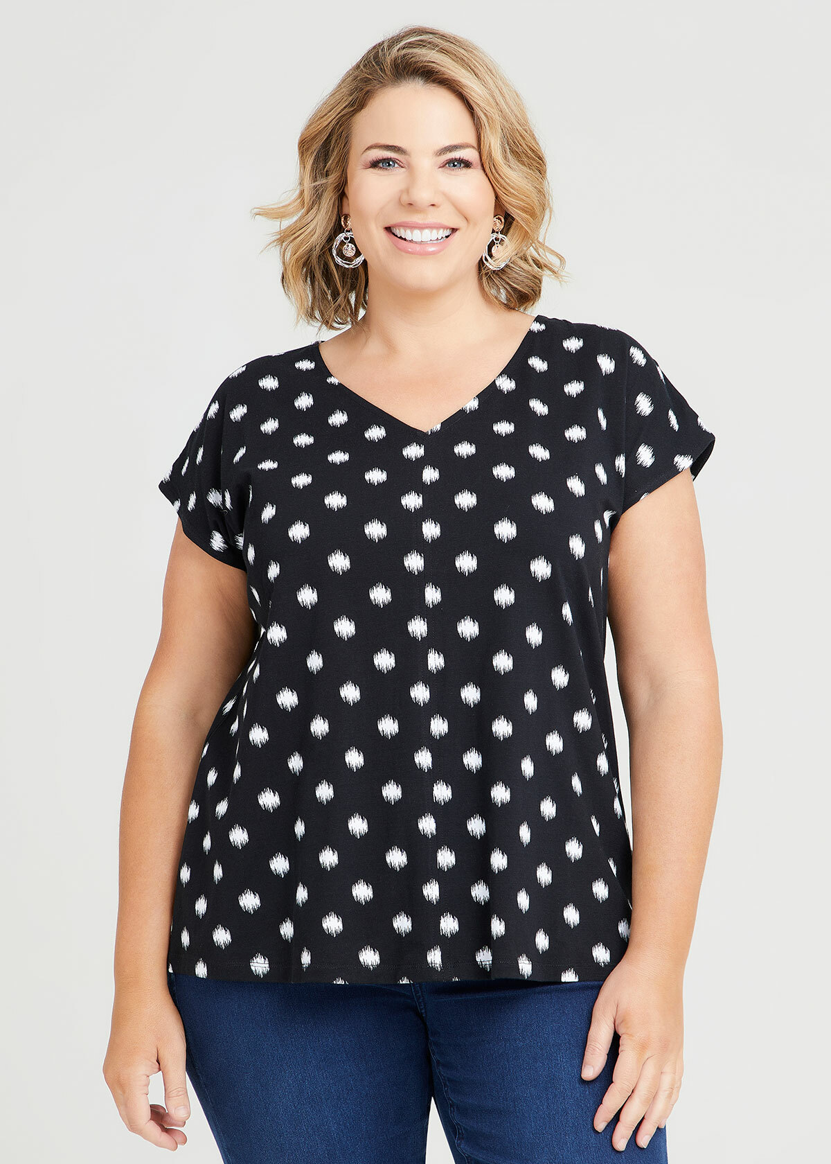 Shop Plus Size Organic Ikat Spot V-neck Top in Black | Sizes 12-30 ...