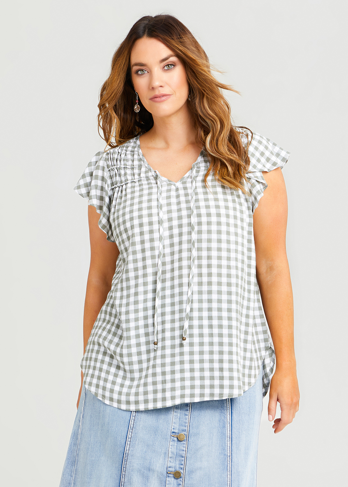 KQ One Size Peach Over Dyed Gingham Top main image 1