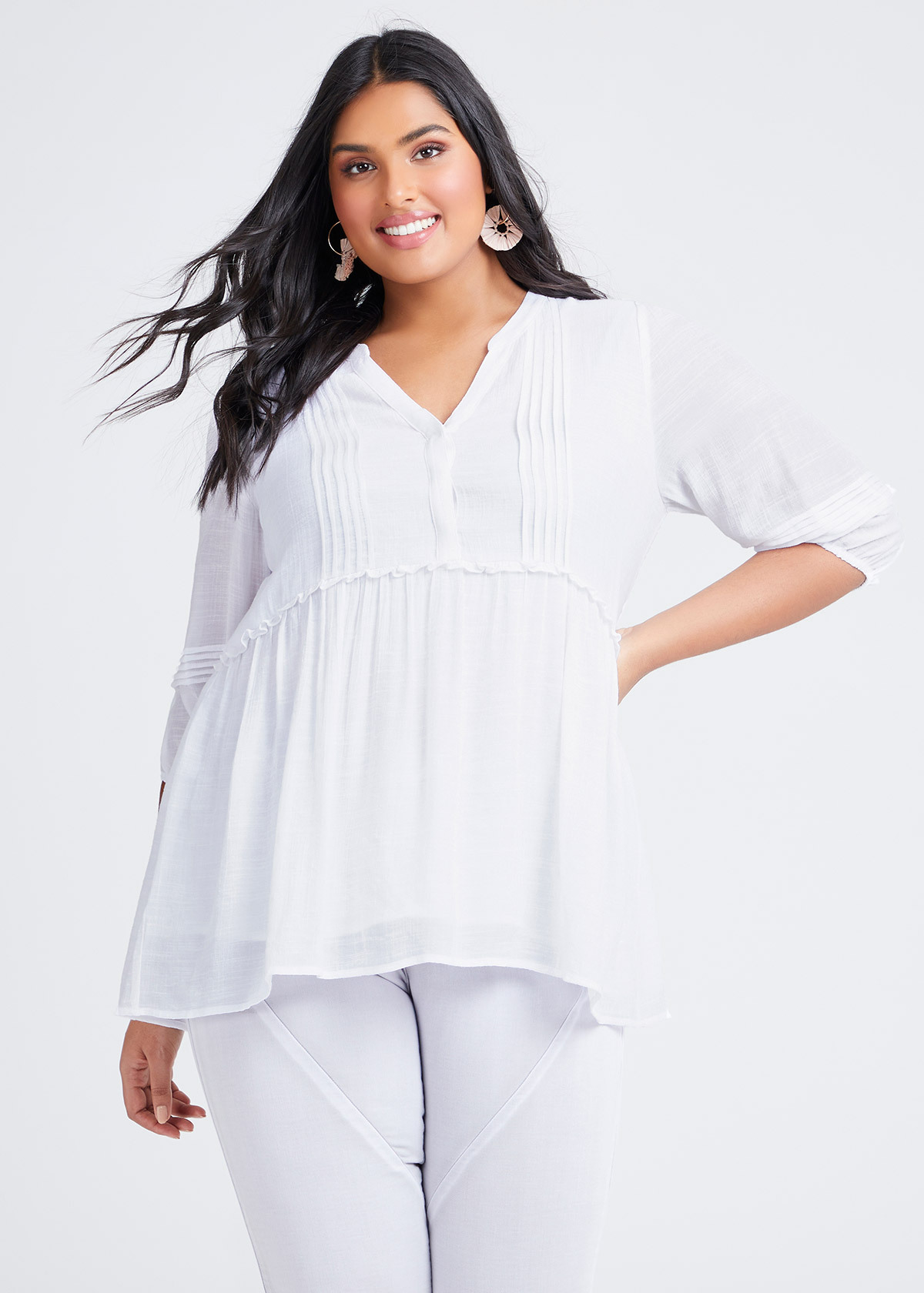 Shop Plus Size Natural 3/4 Sleeve Pintuck Top in White | Sizes 12-30 ...