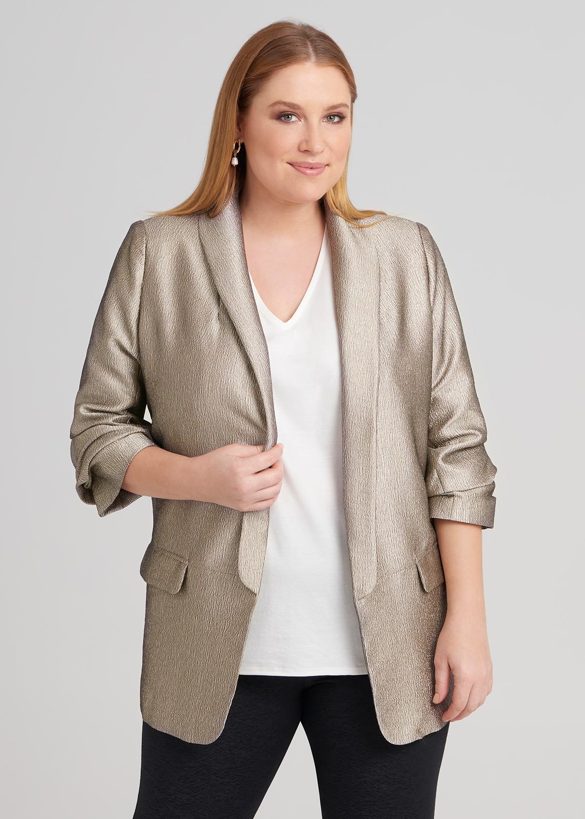 Shop 3/4 Sleeve Relaxed Jacket in Gold, Sizes 12-30 | Taking Shape AU