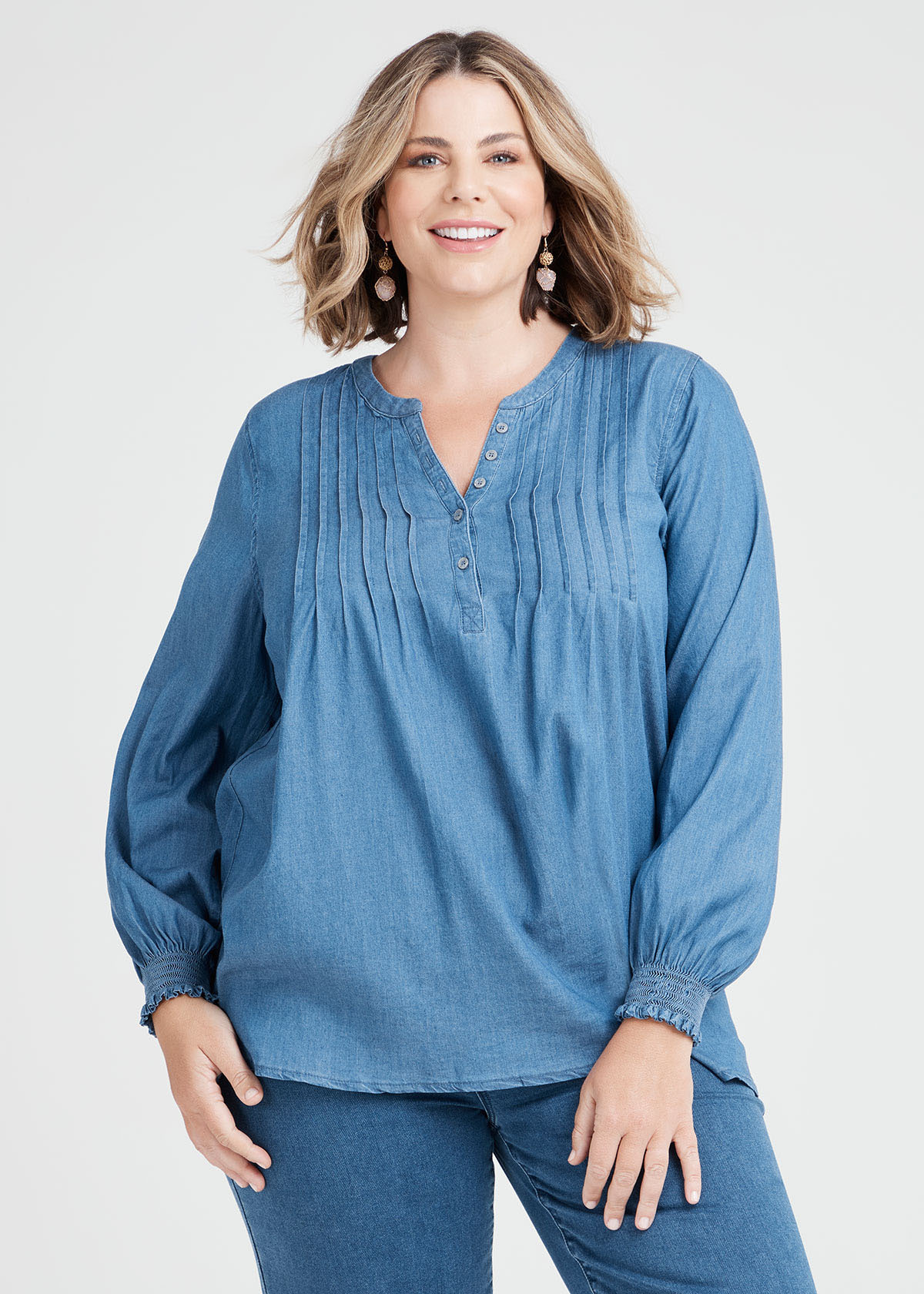 Shop Plus Size Chambray Pintuck Top in Blue | Sizes 12-30 | Taking Shape AU