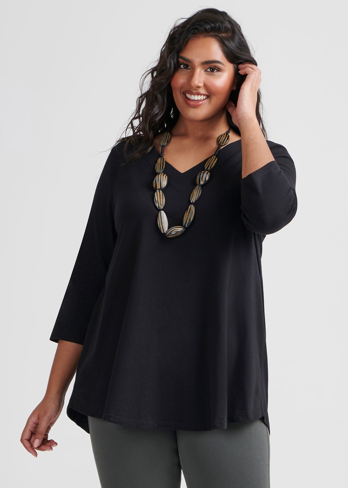 Shop Plus Size Organic V-neck Swing Top in Black | Taking Shape AU
