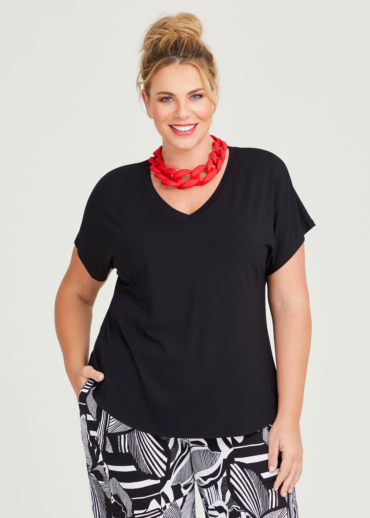 Shop Plus Size Natural Rib Neck Top In Black Taking Shape Au