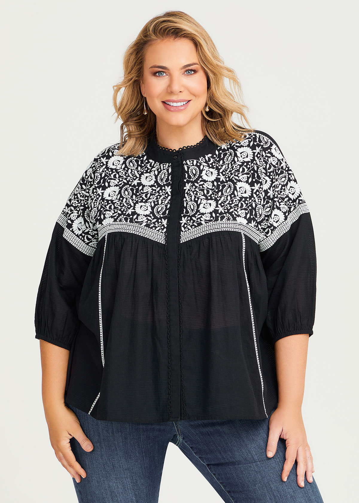 Shop Plus Size Cotton Broderie Contrast Top in Black | Taking Shape AU