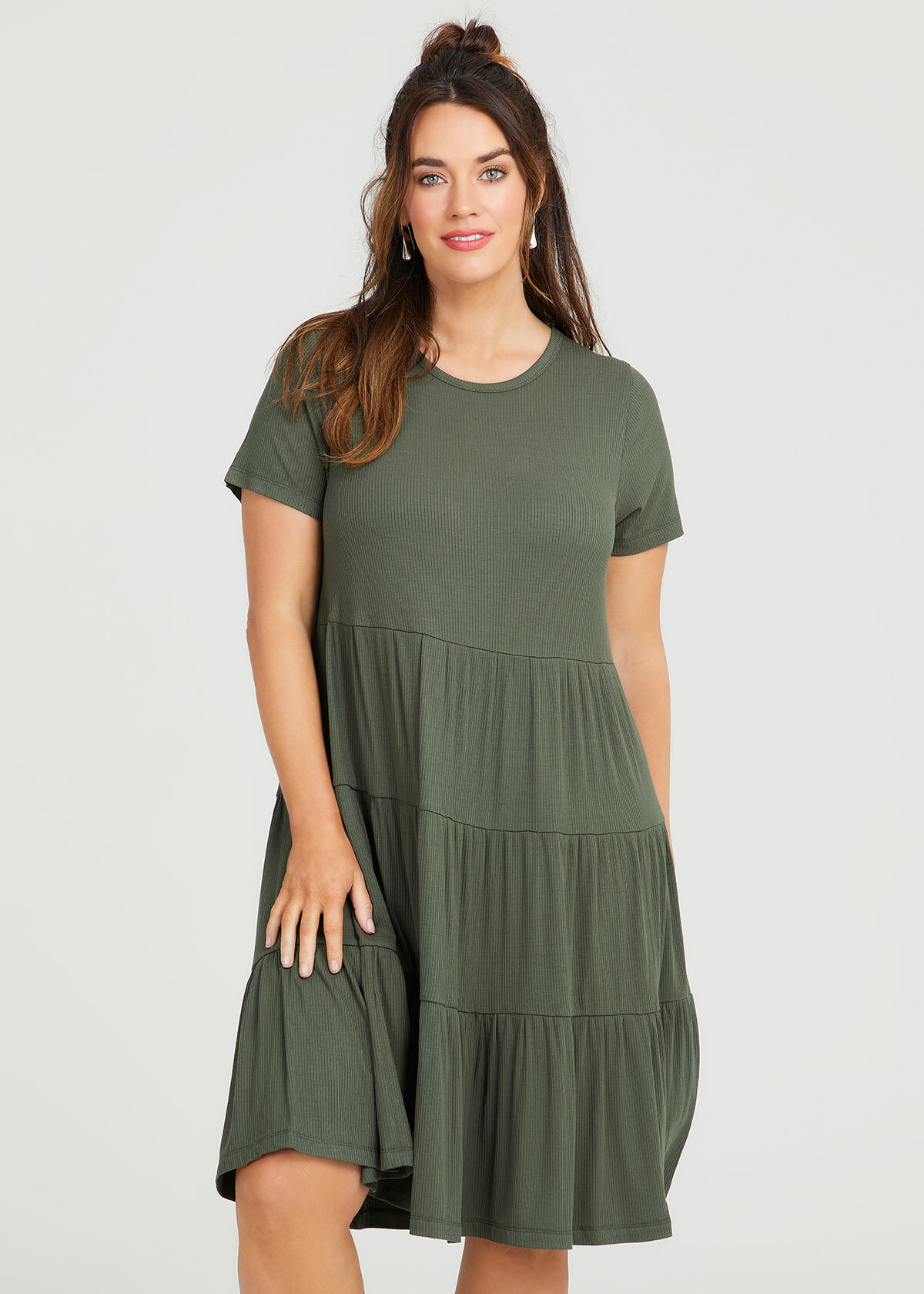 Shop Plus Size Natural Rib Tiered Dress in Green | Taking Shape AU