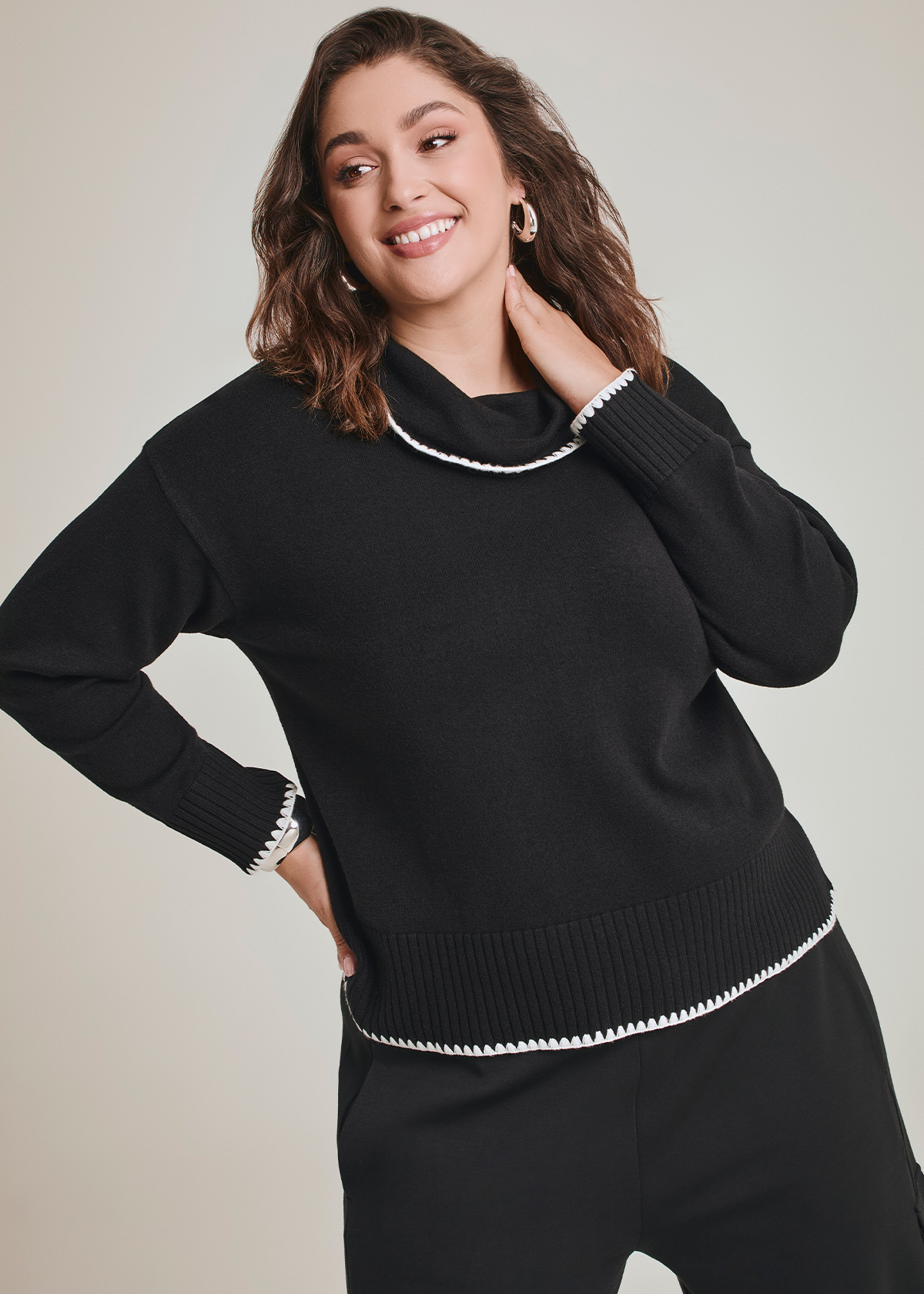 Stitch Detail Cowl Neck Jumper