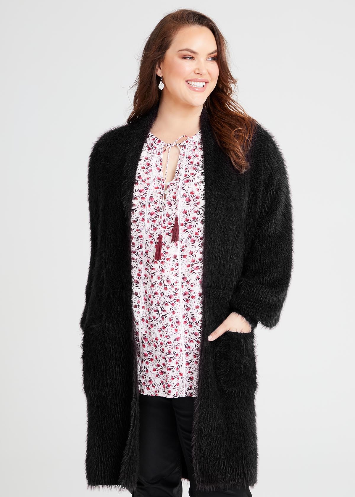 Shop Plus Size Fluffy Knit Cozy Cardigan in Black | Taking Shape AU