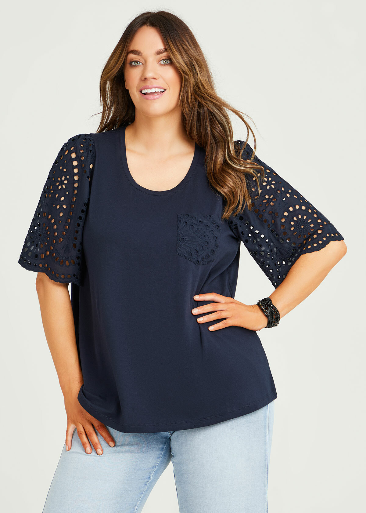 Shop Plus Size Cotton Broderie Pocket Top in Blue | Taking Shape AU