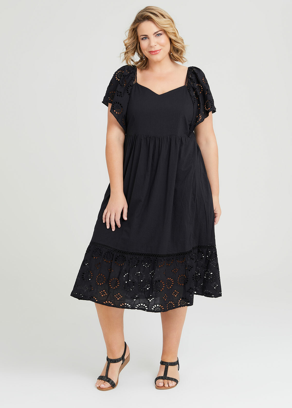 Shop Plus Size Natural Broderie Tiered Dress in Black | Taking Shape AU