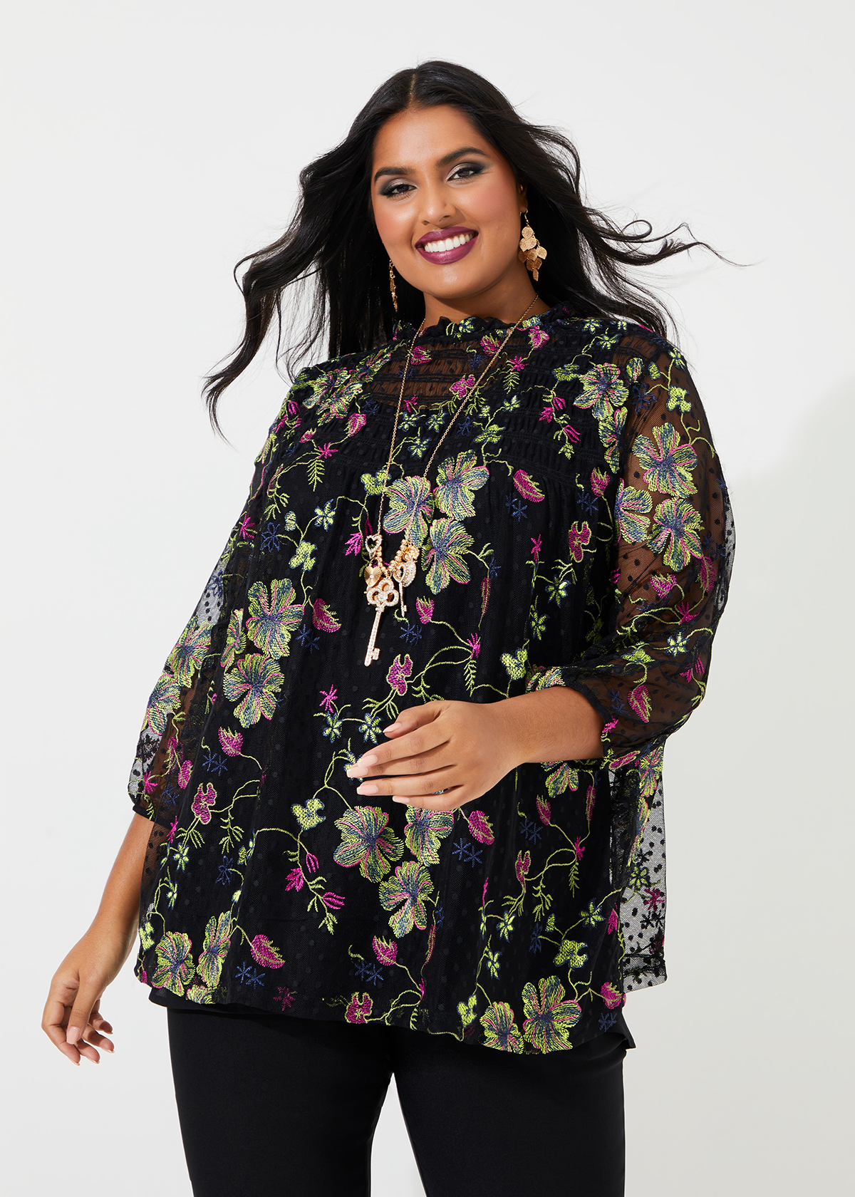 Shop Plus Size Glam Embroidered Spot Mesh Top in Multi | Sizes 12-30 ...