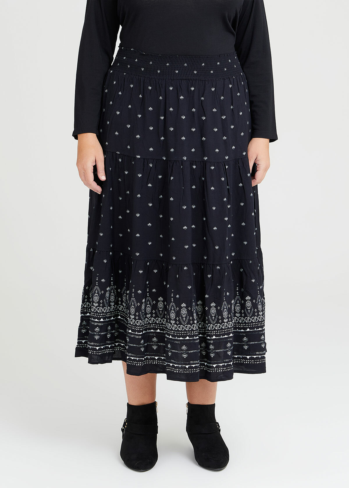 Shop Plus Size Paisley Tiered Skirt in Black | Sizes 12-30 | Taking ...