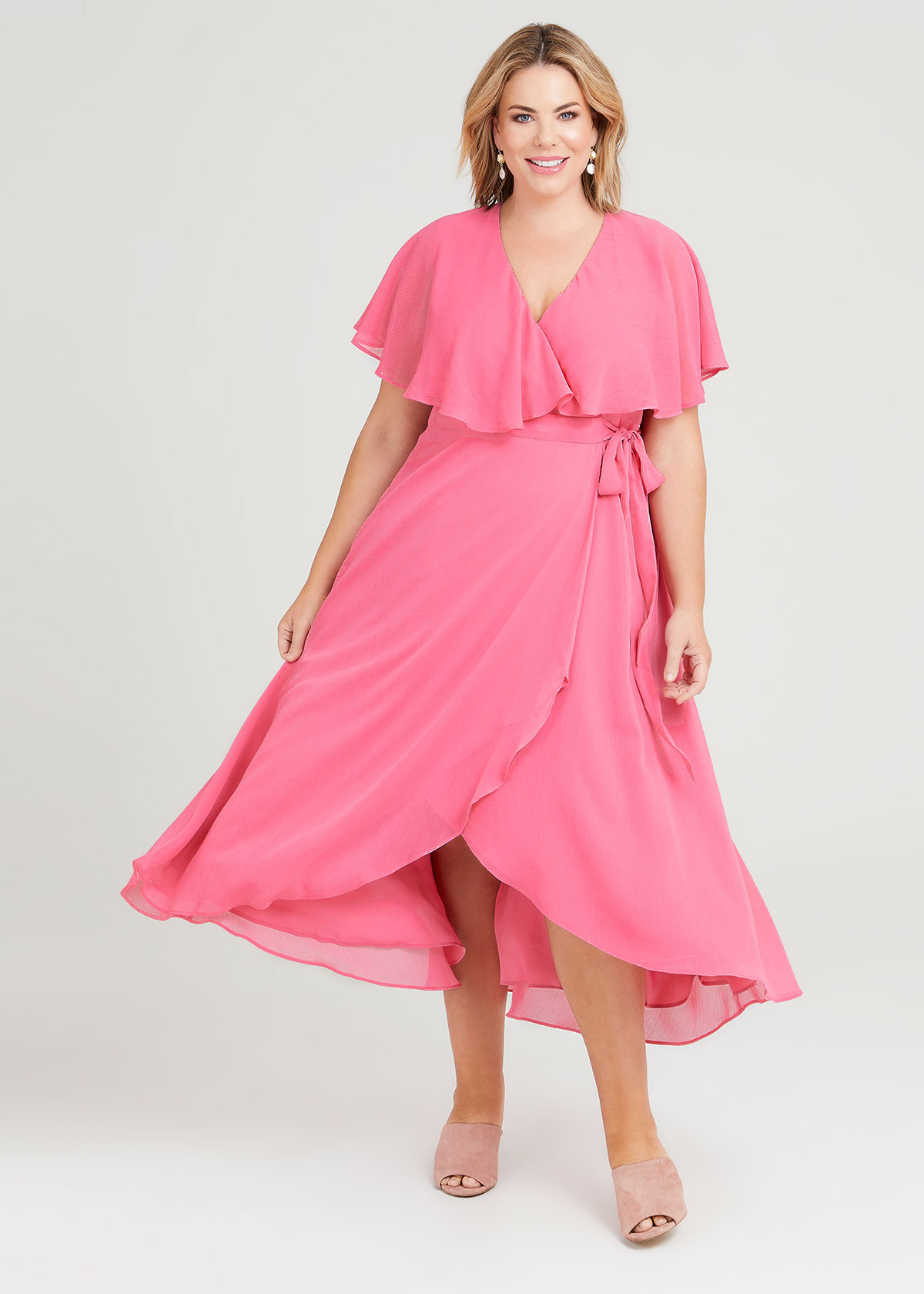 Shop Plus Size Livia Chiffon Wrap Maxi Dress in Pink | Taking Shape AU